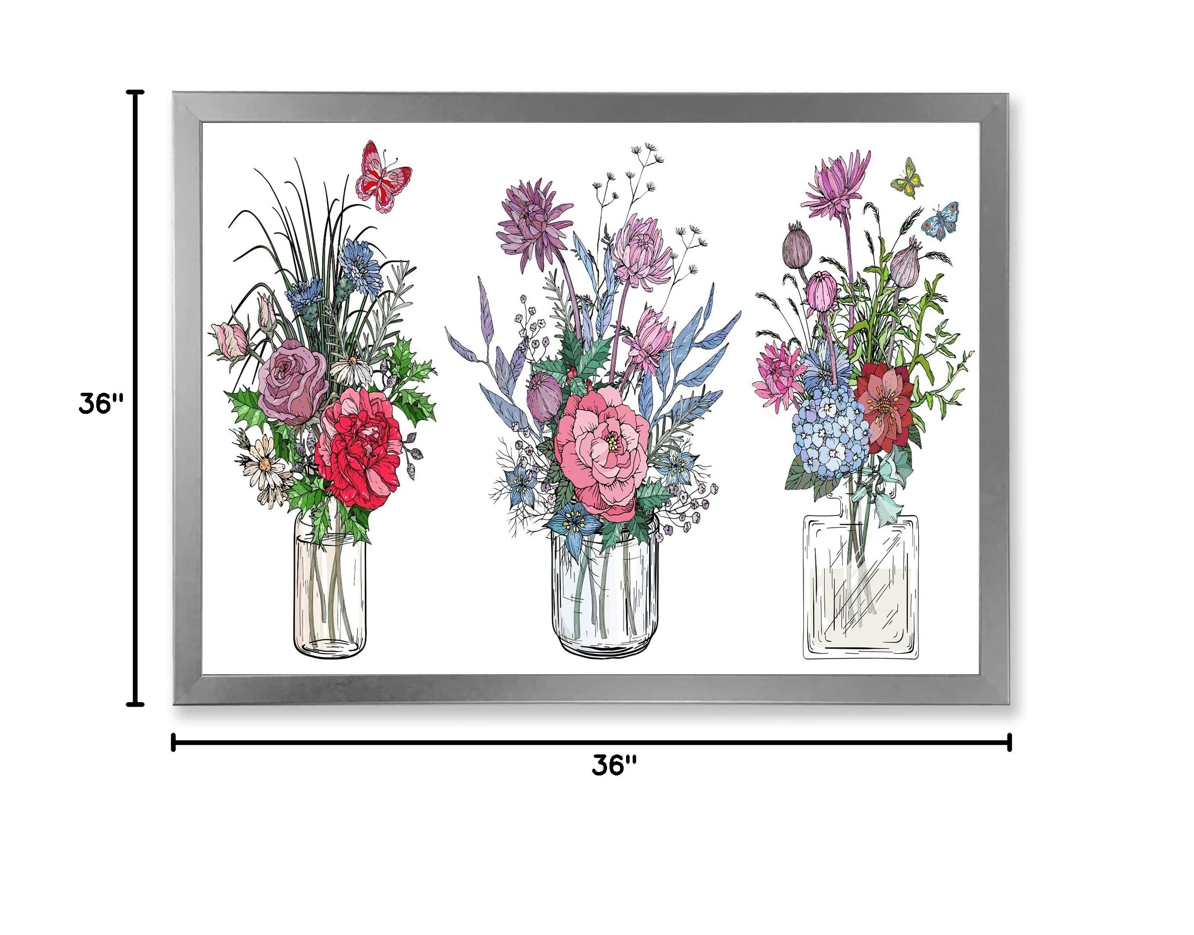 Farmhouse Style Wildflower Bouquets in Transparent Vases - Framed Wall Art Decor for Living Room, Bedroom & Office