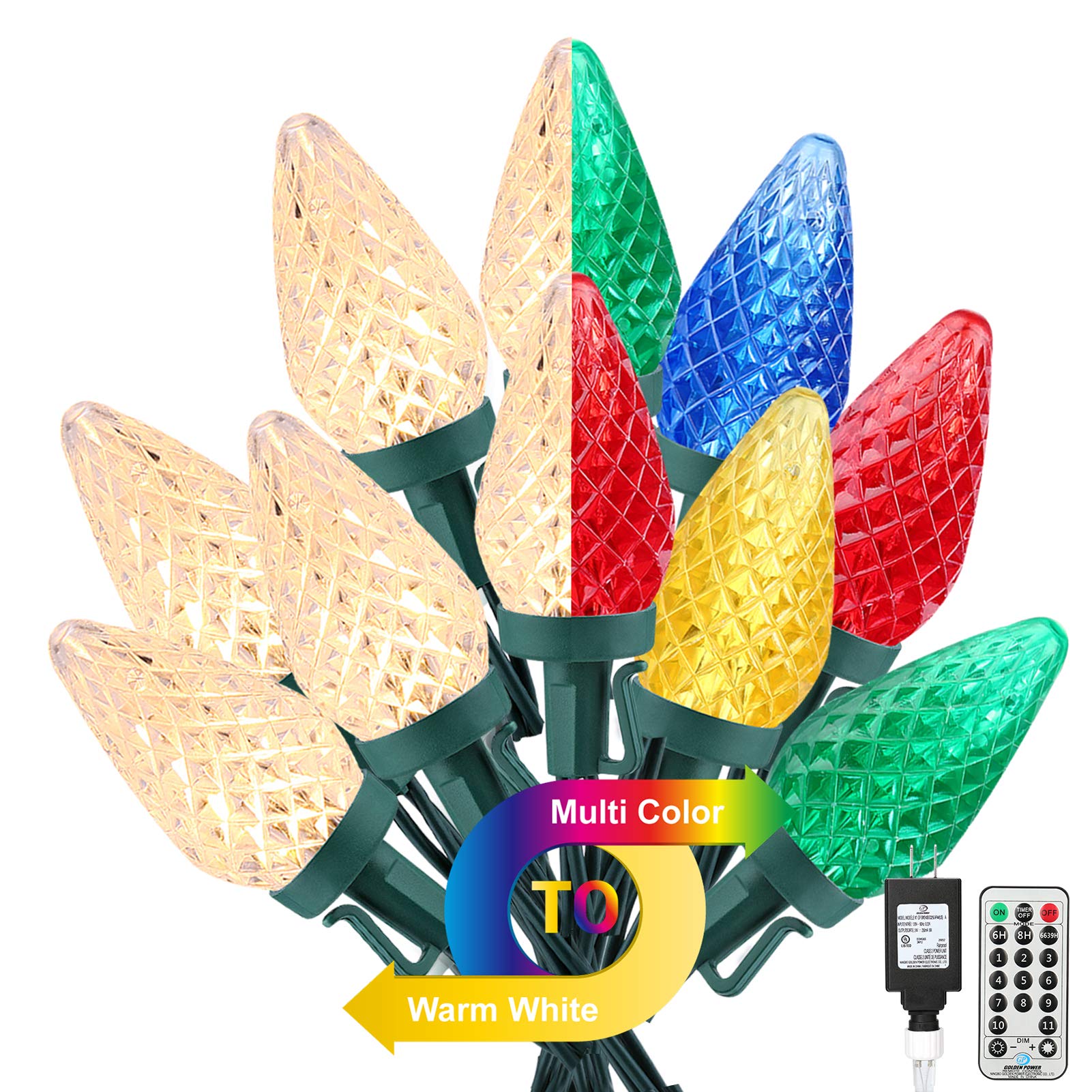Brizled 33ft 50 LED C9 Color Changing Christmas String Lights - 11 Functions with Warm White & Multicolor Modes, 24V Adapter & Remote Control | Perfect for Christmas Tree Decorations, Holiday Parties, Indoor & Outdoor Festive Lighting