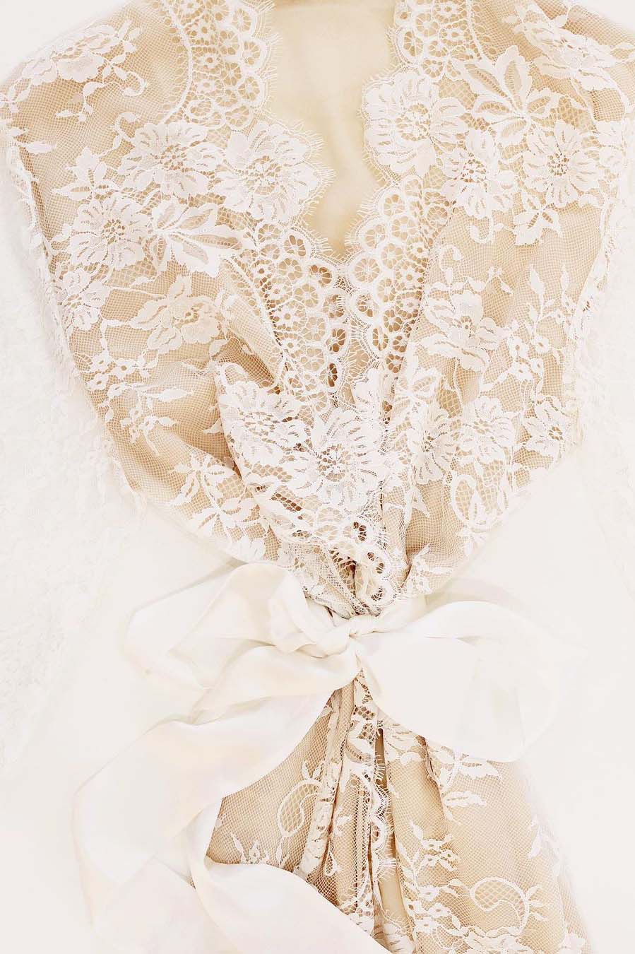 Swan Queen Ivory Silk & Lace Kimono Robe with Nude Lining - Style 104SH | Elegant Loungewear for Bridal Shower, Honeymoon & Special Occasions