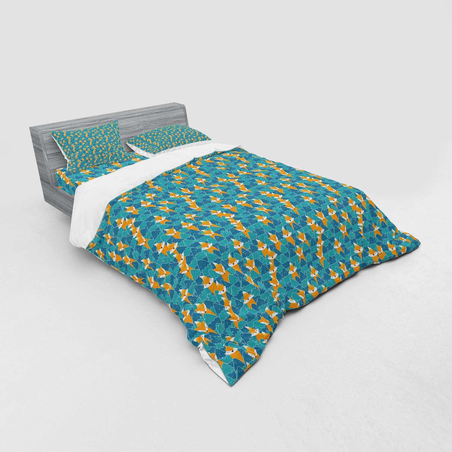 Ambesonne Fox Duvet Cover Set - 4 Piece Queen Size Winter Animal Print Bedding with Shams & Fitted Sheet, Orange Sea Blue - Cozy Fox-Themed Bedroom Decor for Cold Weather & Holiday Season