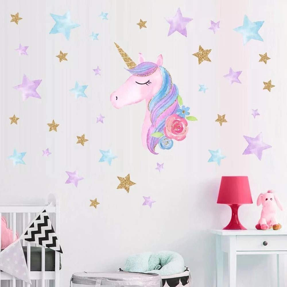 Unicorn Wall Decals for Kids Room - Stars & Flowers Nursery Decor for Boys & Girls Birthday Party