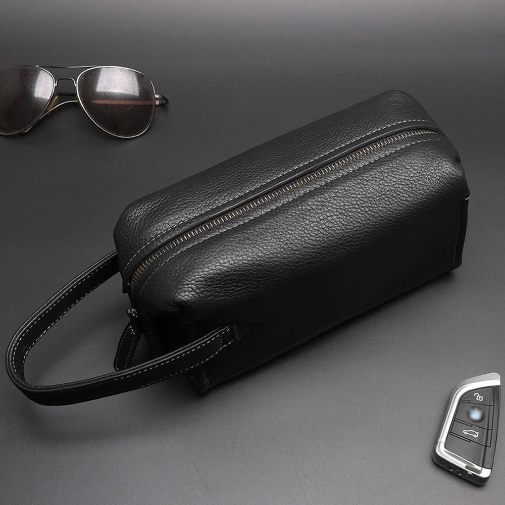 Premium Men's Leather Toiletry Bag - Large Waterproof Travel Dopp Kit for Shaving, Grooming & Toiletries Accessories | Lightweight Durable Organizer for Business Trips, Camping & Vacation | Black