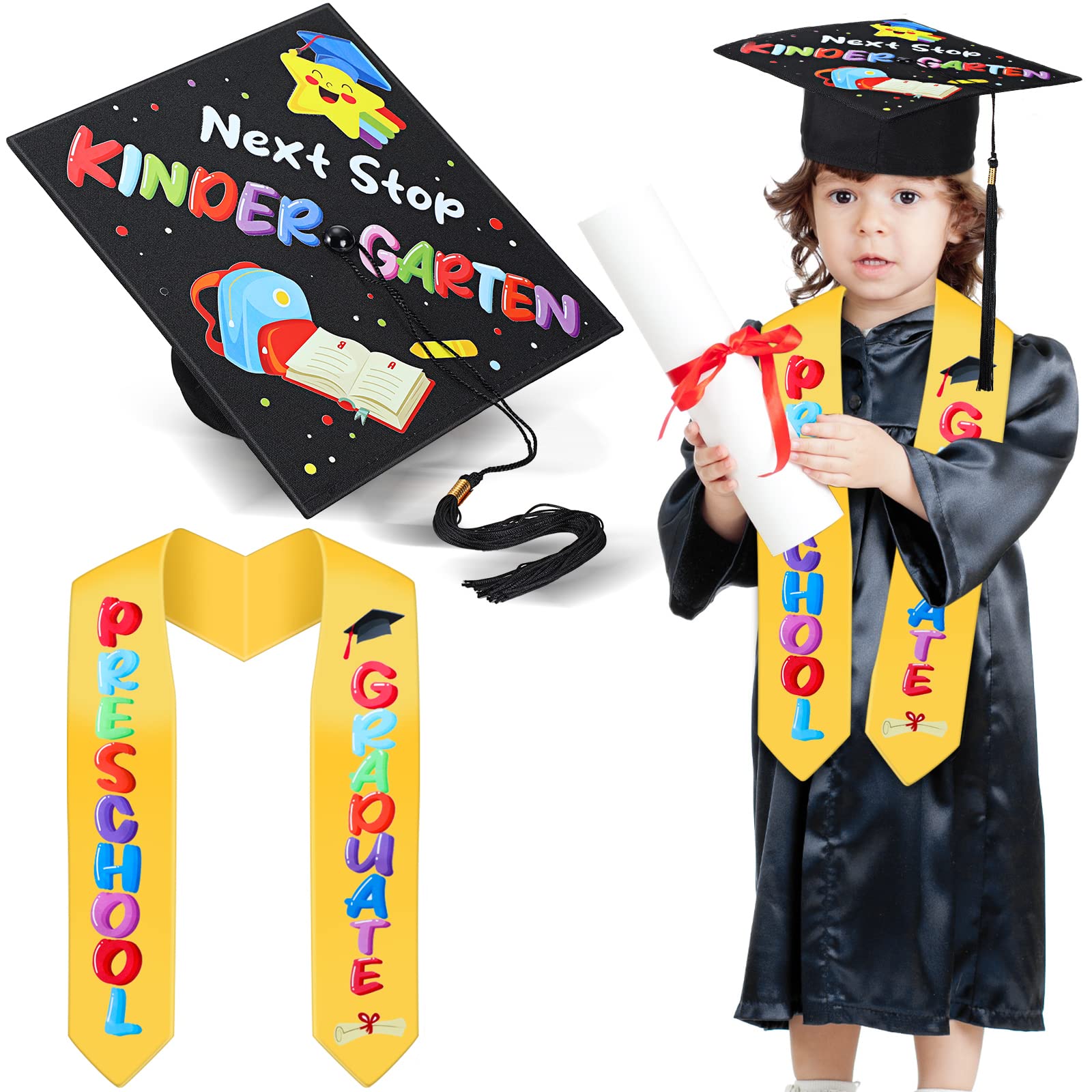 2025 Preschool Graduation Cap & Stole Set - Printed Unisex Kindergarten Graduation Hat with Sash - Perfect for Preschool Ceremonies, Photo Shoots & Graduation Parties