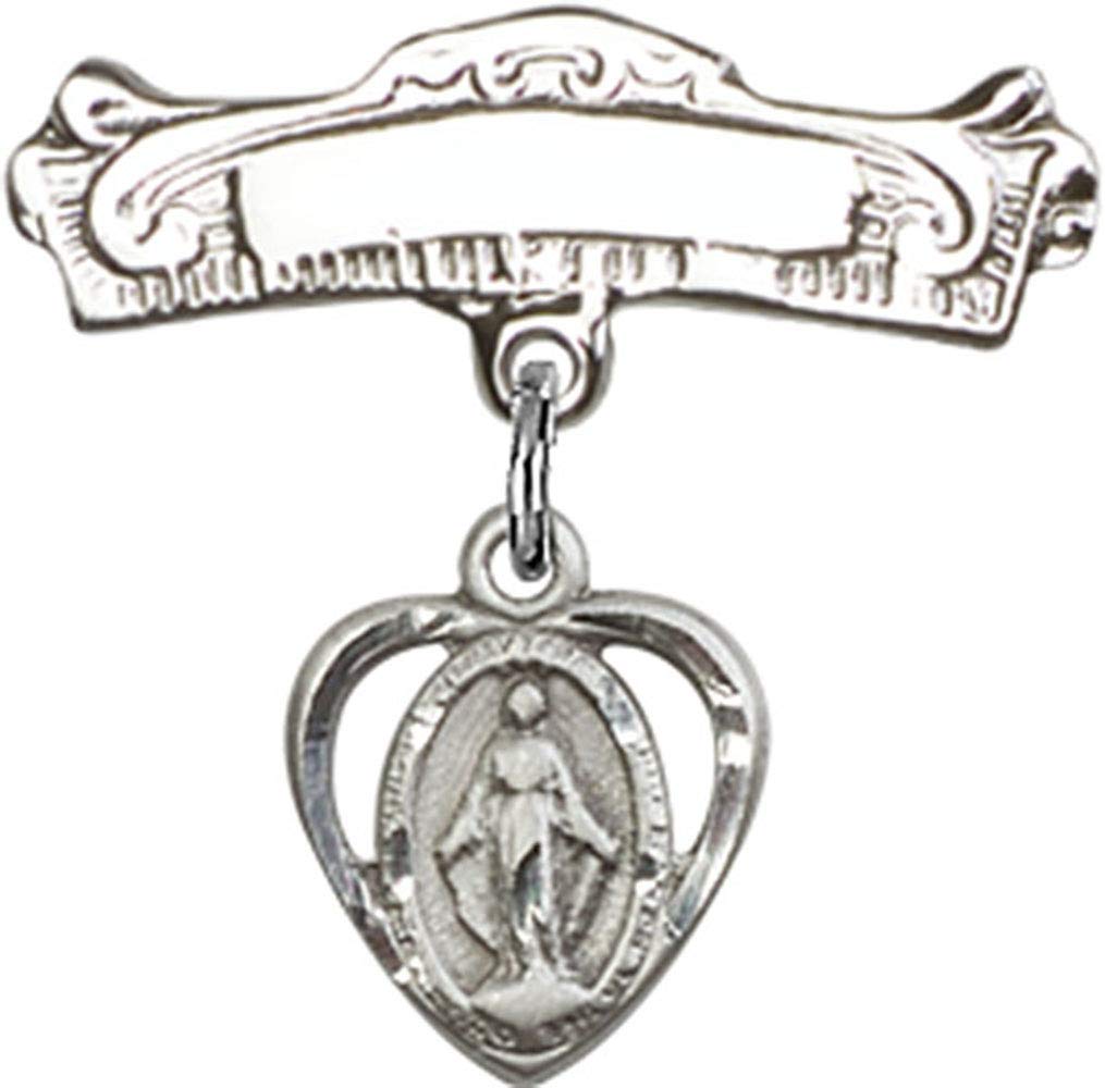 Sterling Silver Baby Badge with Miraculous Charm & Arched Polished Pin - Handmade in USA - Perfect for Christening, Baptism & Newborn Gifts
