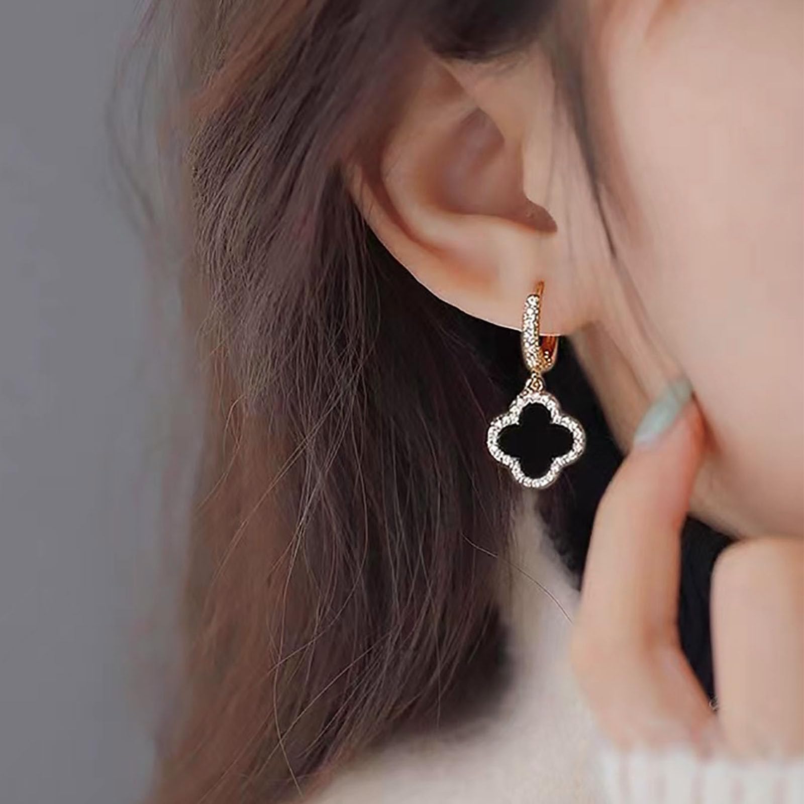 Boho Four Leaf Clover Earrings for Women - Black Crystal Clover Dangle Huggie Hoop Earrings with CZ Stones, Lucky Charm Jewelry Gift for Women and Girls | Perfect for St. Patrick's Day, Parties & Everyday Wear
