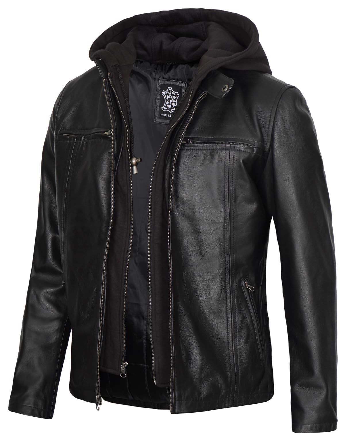 Men's Decrum Hooded Leather Jacket - Premium Bomber Style Jacket with Detachable Hood for Casual & Motorcycle Riding | Winter & Fall Outerwear