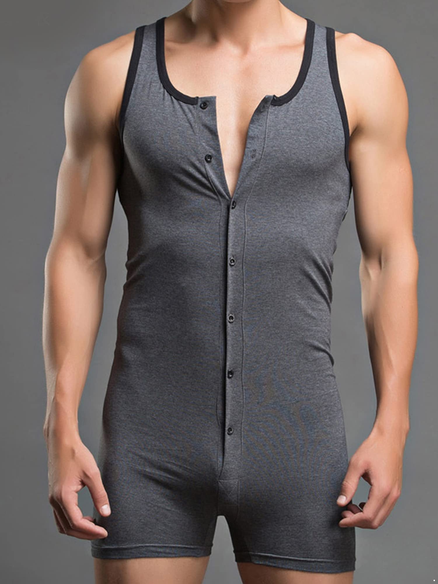 iEFiEL Men's Tank Top Jumpsuit - Stretchy Cotton One Piece Pajamas Sleepwear Nightwear Romper with Henley Neckline - Perfect for Lounge Wear, Sleepwear & Summer Comfort