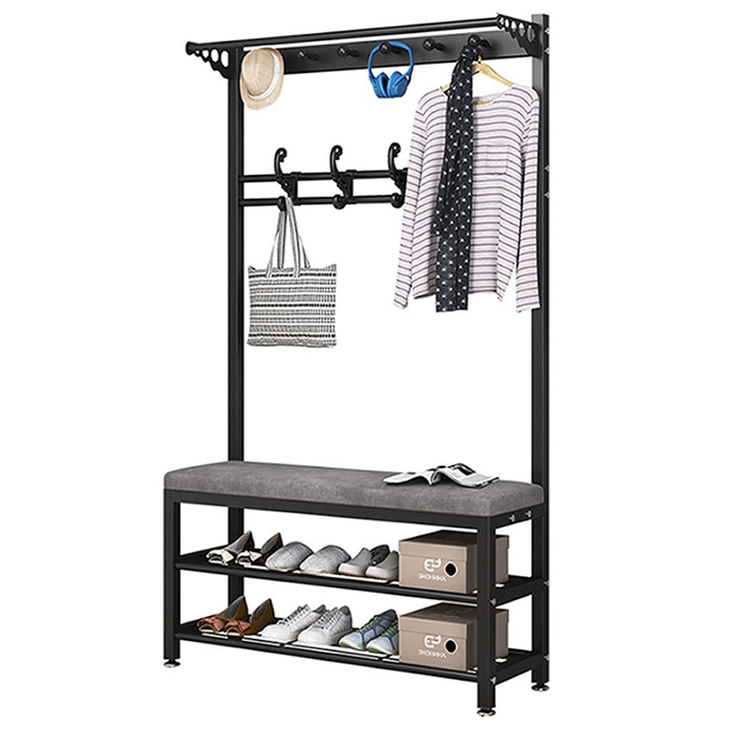 3-in-1 Entryway Hall Tree Coat Rack with Shoe Storage Bench - 10 Hooks & 2-Tier Metal Frame - Multifunctional Hallway Furniture (Black/Grey, 100x33x170cm) - Perfect for Small Spaces, Apartments & Home Organization