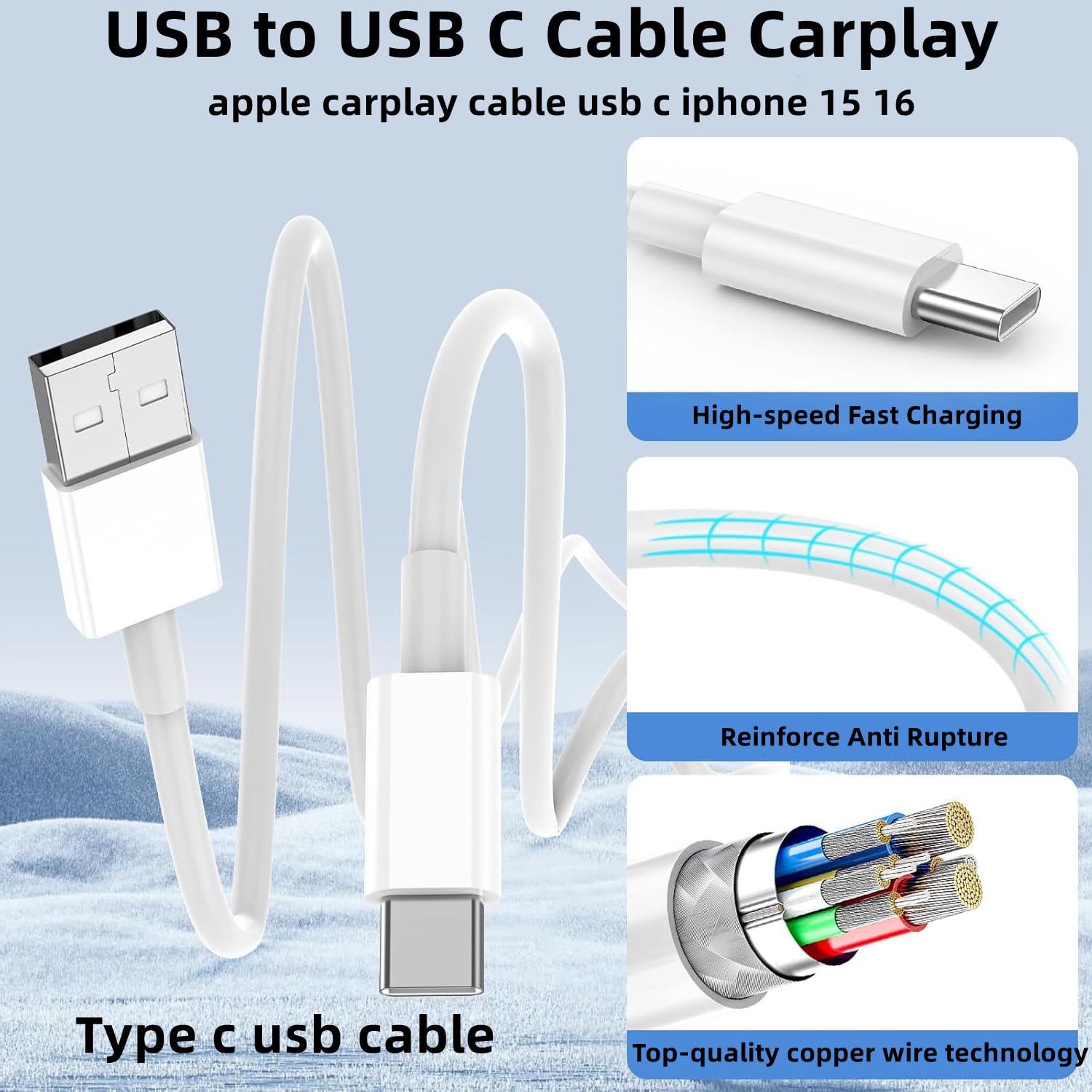 3ft USB A to USB C Car Charger Cable for Apple iPhone 16/16 Pro Max/15 Pro Max/15 Plus/15 Pro & iPad 12.9/11/10th Gen Air 5th/4th Gen/Mini - Fast Charging CarPlay Cord for Road Trips & Daily Commutes