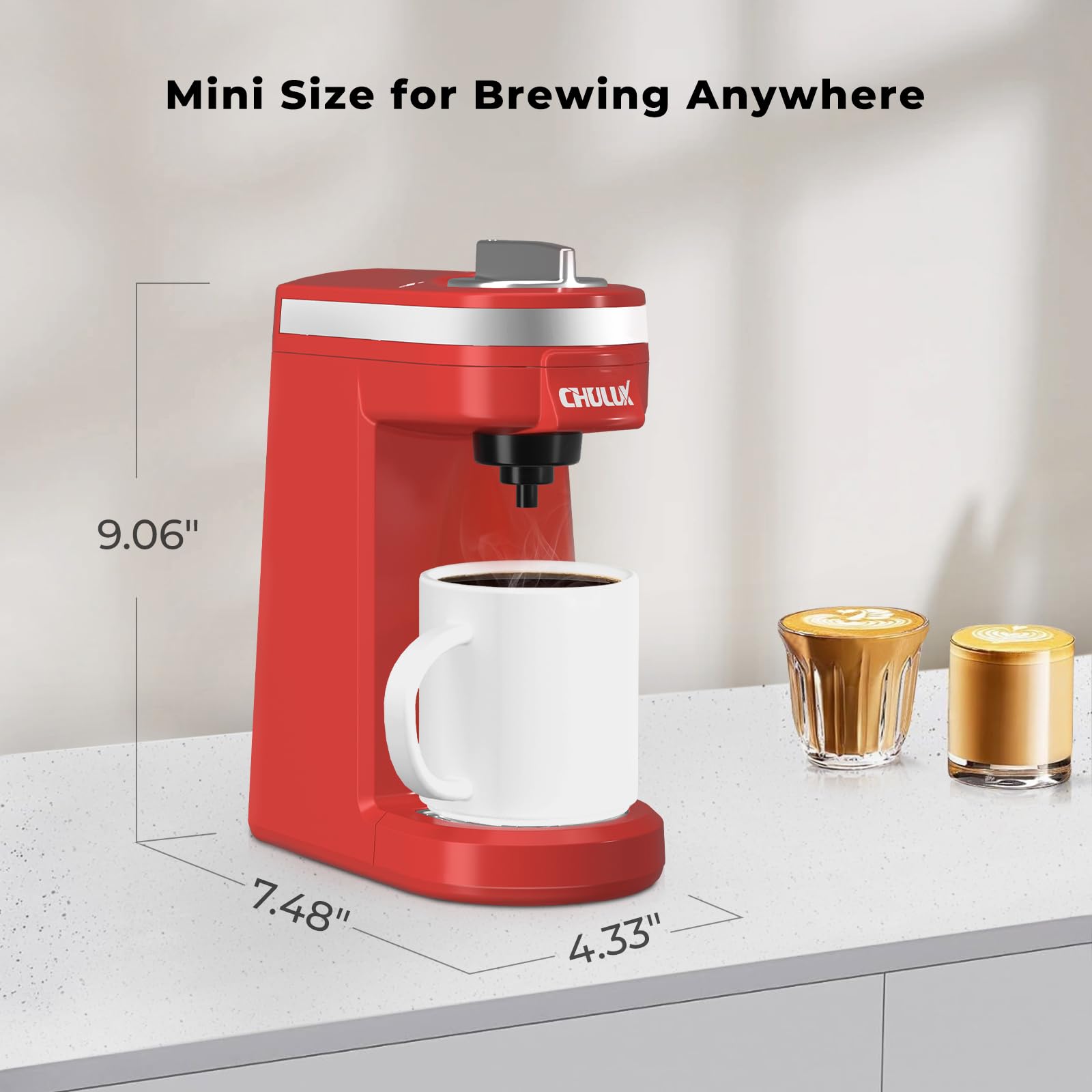 CHULUX Mini Single Serve Coffee Maker for K-Cups & Pods - Compact Lightweight Machine for Americano, Espresso & Hot Beverages - Perfect for Home, Office & Travel - Red