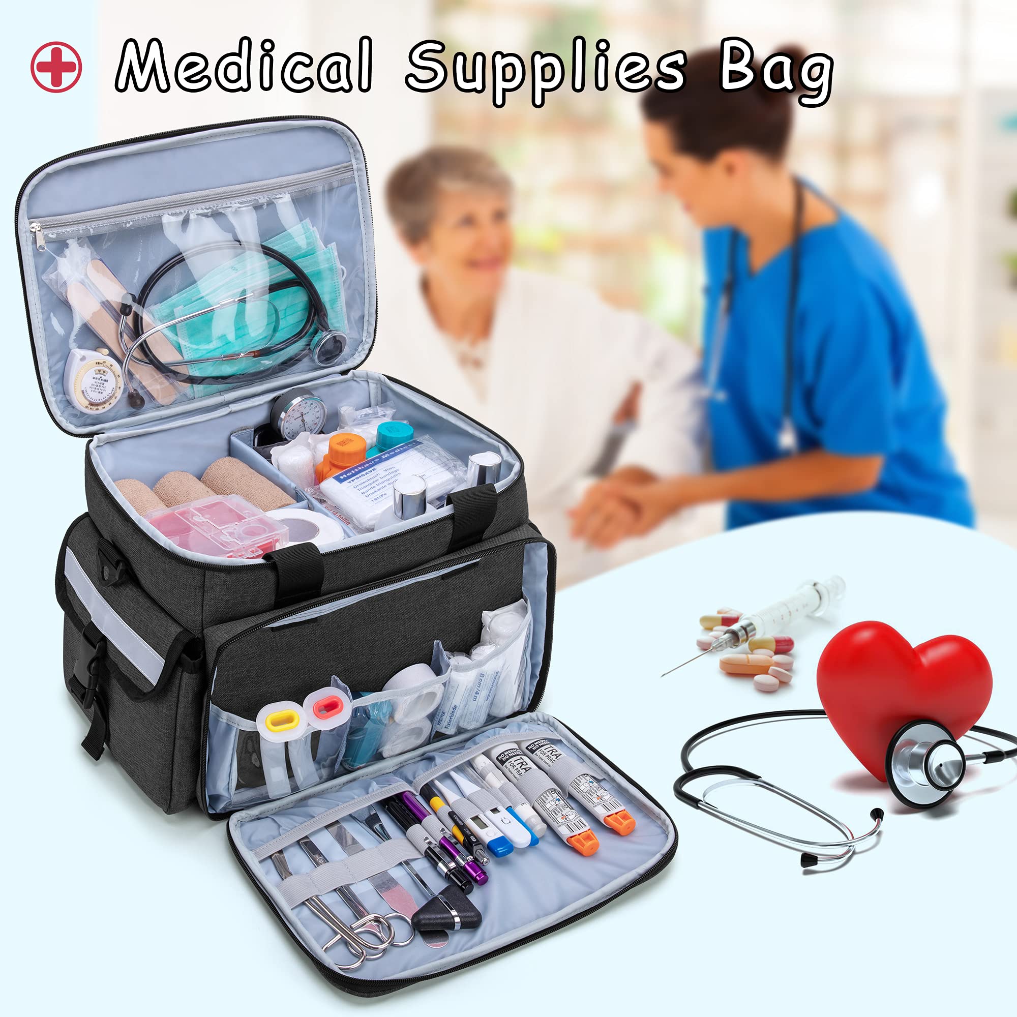 CURMIO Empty First Aid Bag with Dividers - Emergency Medical Supply Organizer for Home, Travel & Outdoor Adventures - Compact EMT Pouch for Nurses & First Responders (Black)