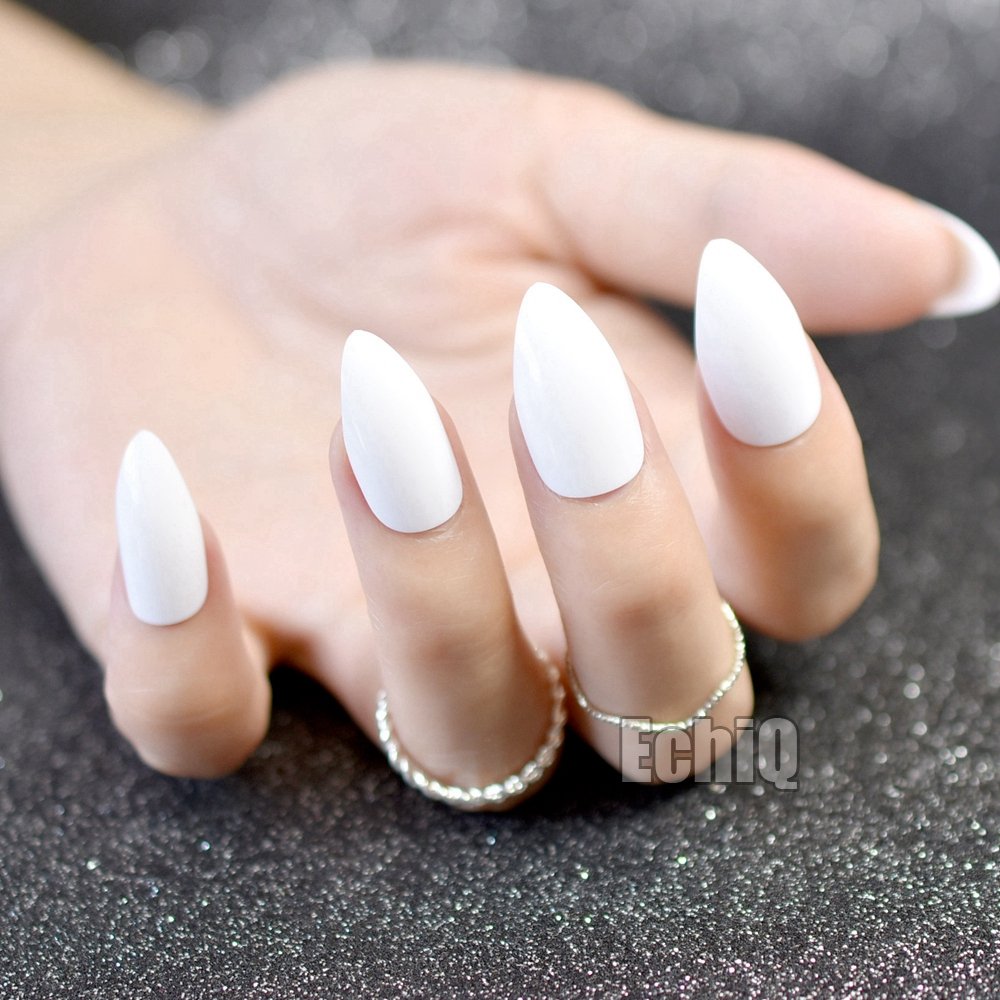 24pcs Solid White Oval Stiletto Fake Nails - Sharp Pointed Acrylic Nail Tips for Manicure & Salon | Snow White Artificial Nails for Party, Wedding, Halloween & Special Occasions