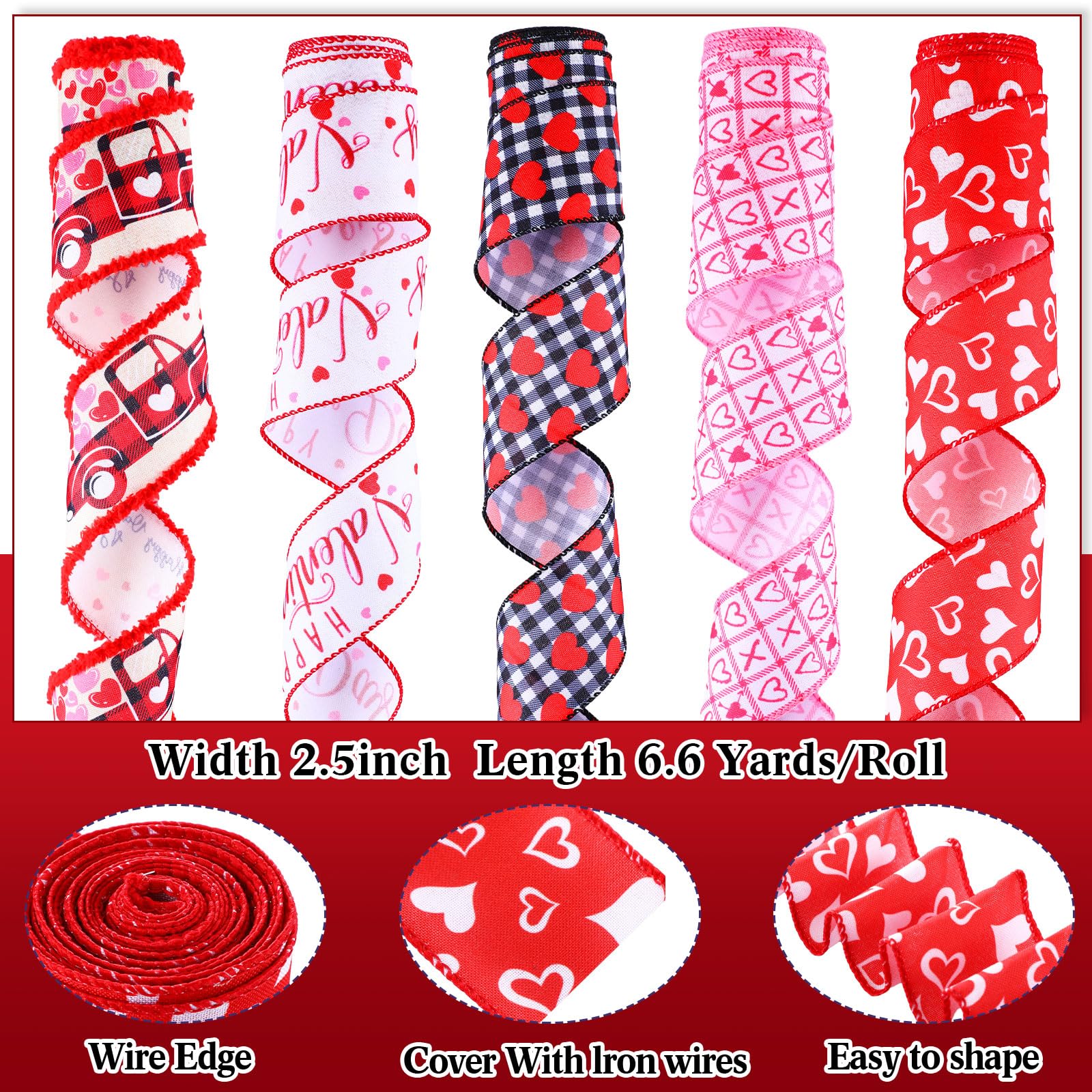 10 Rolls Valentine's Day Ribbon Set - 5 Poly Mesh & 5 Wired Edge Ribbons in Red & Pink Heart Patterns for DIY Wedding Wrapping, Bow Making, Wreath Crafts - Perfect for Valentine's Decor, Gift Wrapping & Party Supplies