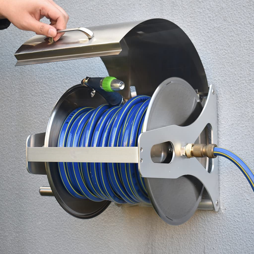 Stainless Steel Garden Hose Reel Cart with Hose & Cover - Wall Mounted Water Pipe Rack for Car Washing, Lawn Watering & Gardening | Durable Outdoor Hose Organizer for Home & Yard Maintenance