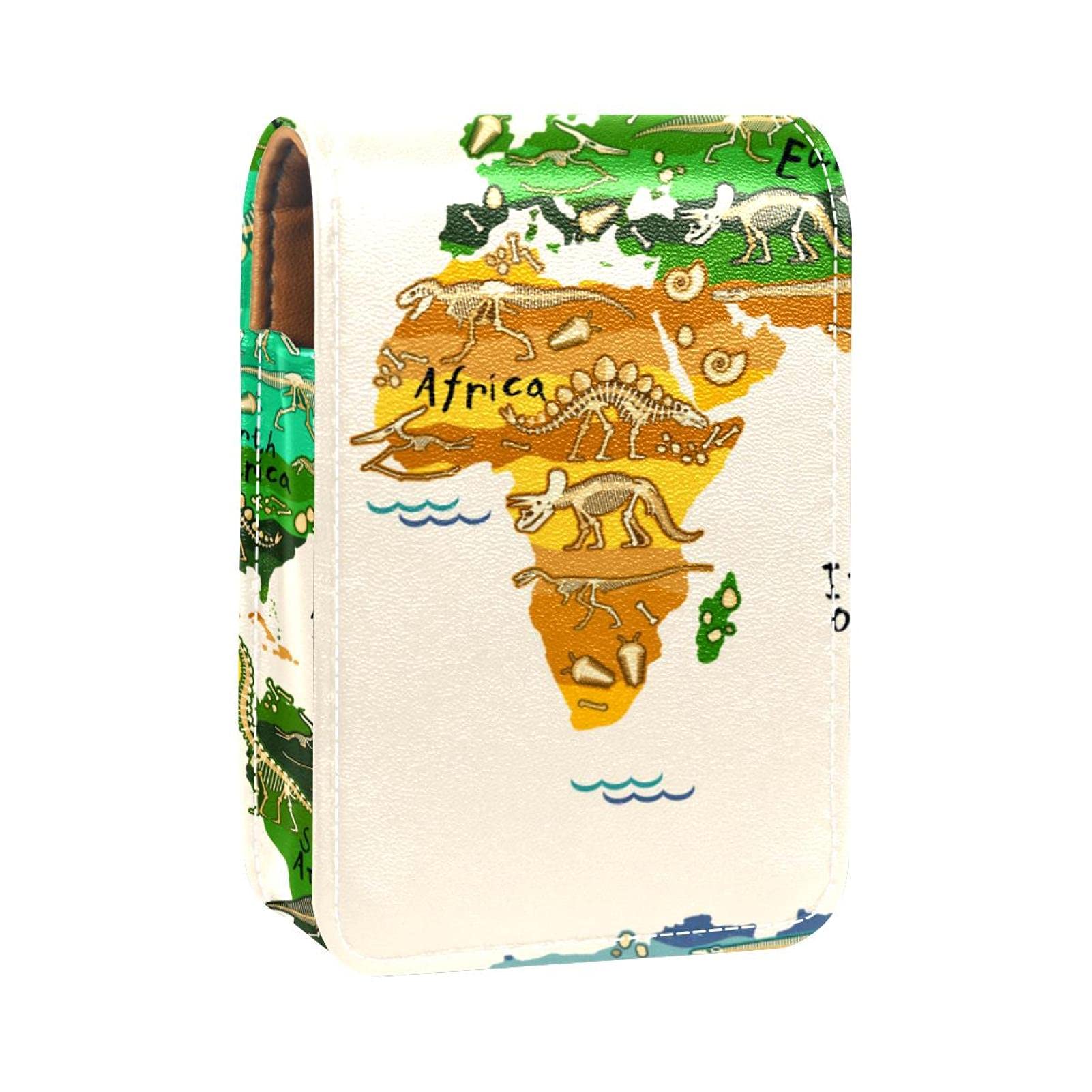 Dinosaur Map Lipstick Case with Mirror - Travel Cosmetic Pouch for Purse & Mini Bags