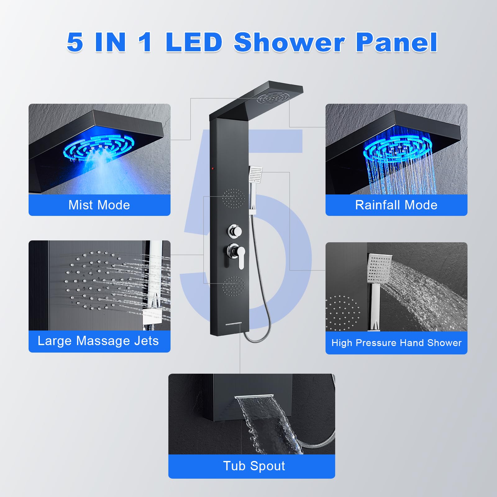 POPFLY Stainless Steel Shower Panel System with LED Mist & Rain Shower Head, 2 Full Body Massage Jets, Tub Spout - Matte Black for Modern Bathroom Upgrade | Perfect for Spa-Like Shower Experience & Luxury Bathroom Renovation