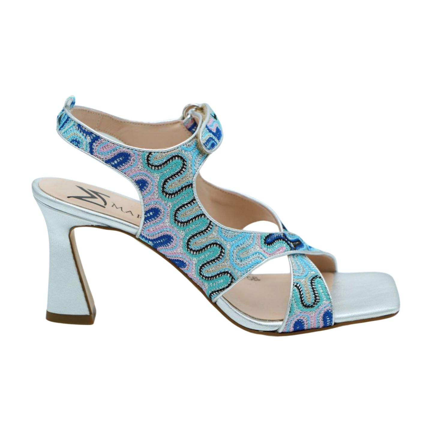 MARIAN Women's Blue Sandal with Silver Block Heel - Comfortable Dress Sandals for Weddings, Parties & Summer Outings