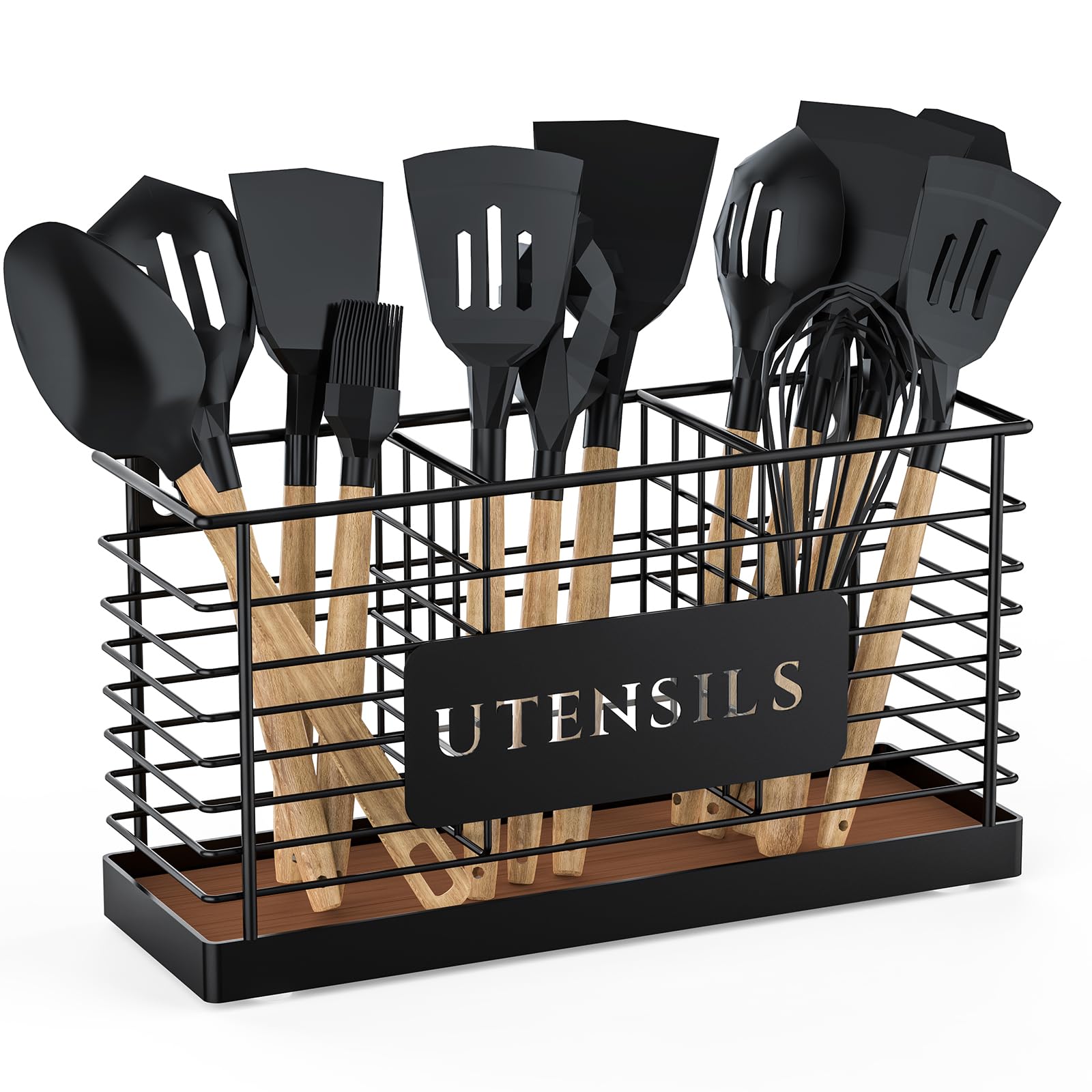 THYGIFTREE Large Black Metal Utensil Holder for Kitchen Counter - 3 Compartment Cooking Tool Organizer with Wood Base | Perfect for Spatulas, Ladles & Kitchen Utensils - Ideal for Countertop Organization & Easy Access While Cooking