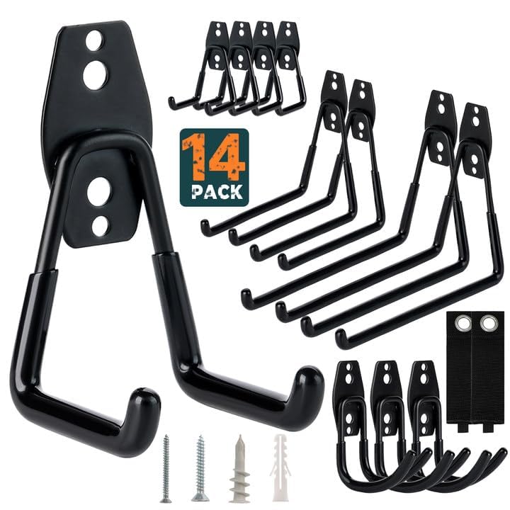 14-Pack Heavy Duty Garage Wall Hooks - Utility Hanging Hooks for Garage Storage & Organization - Perfect for Ladders, Bikes, Garden Tools & More - Durable Wall Mount Hooks for Home, Workshop & Shed Organization