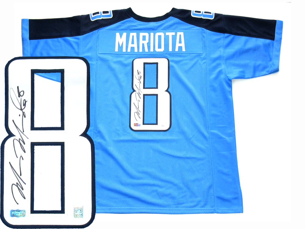 Marcus Mariota Autographed Tennessee Titans Blue Custom Jersey - Authentic Signed Football Collectible for Fans & Memorabilia Enthusiasts