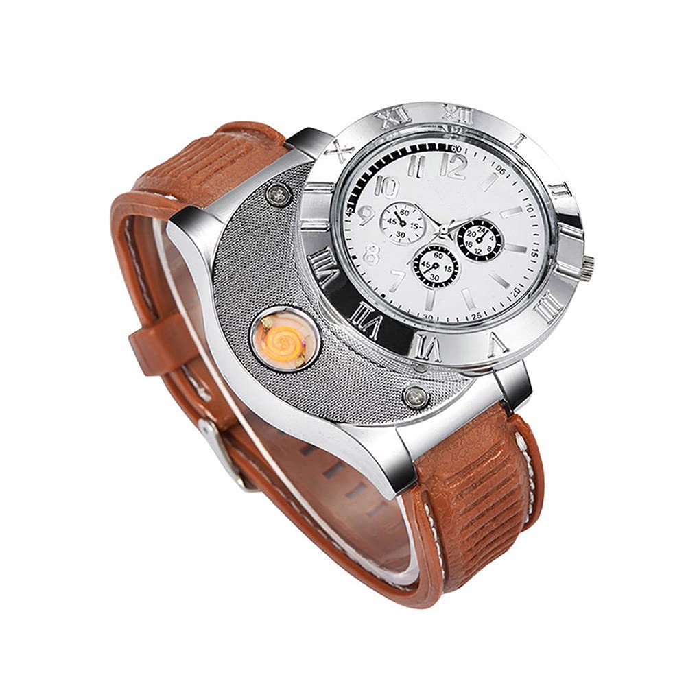Rechargeable Military Lighter Watch for Men - Windproof Flameless USB Lighter (Silver) - Perfect for Camping & Outdoor Adventures