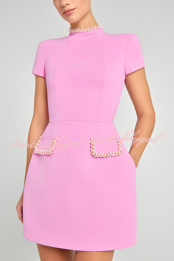 Elegant Floral Scented Pearl Trim Short Sleeve Mini Dress with Pockets - Perfect for Summer Parties, Date Nights & Beach Vacations