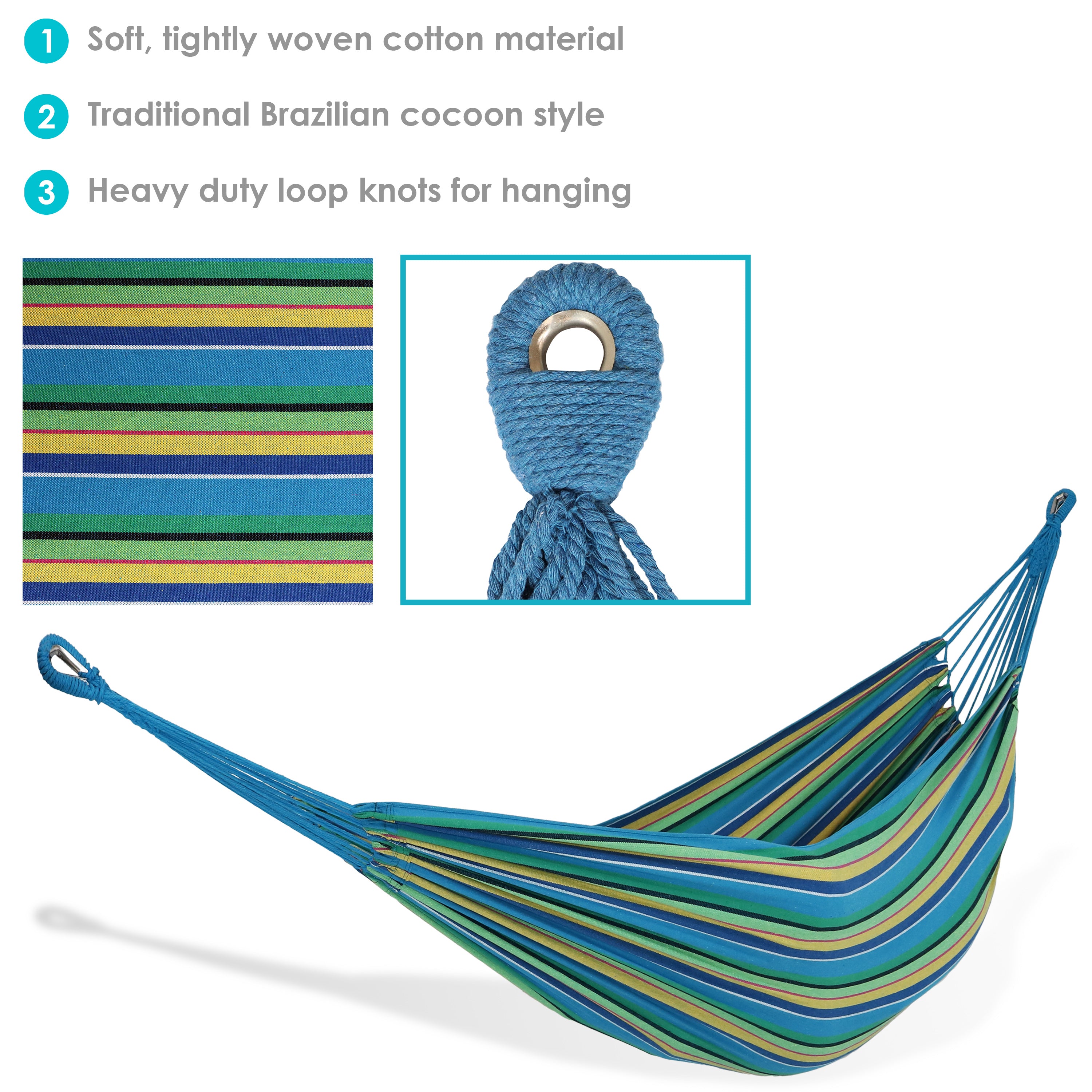 Sunnydaze 2 Person Brazilian Double Hammock - Durable Outdoor Hammock for Backyard, Camping & Beach - Comfortable Cotton Fabric with Spreader Bars