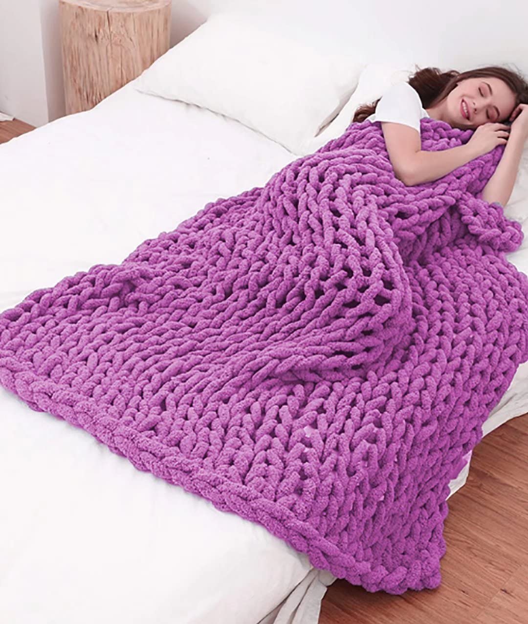 Handmade Chunky Knit Chenille Throw Blanket - Ultra Soft & Warm Accent Blanket for Sofa, Bed, Couch - Home Decor Gift (Lilac, 40x47 Inches) - Perfect for Cozy Evenings, Living Room Decor & Winter Snuggles