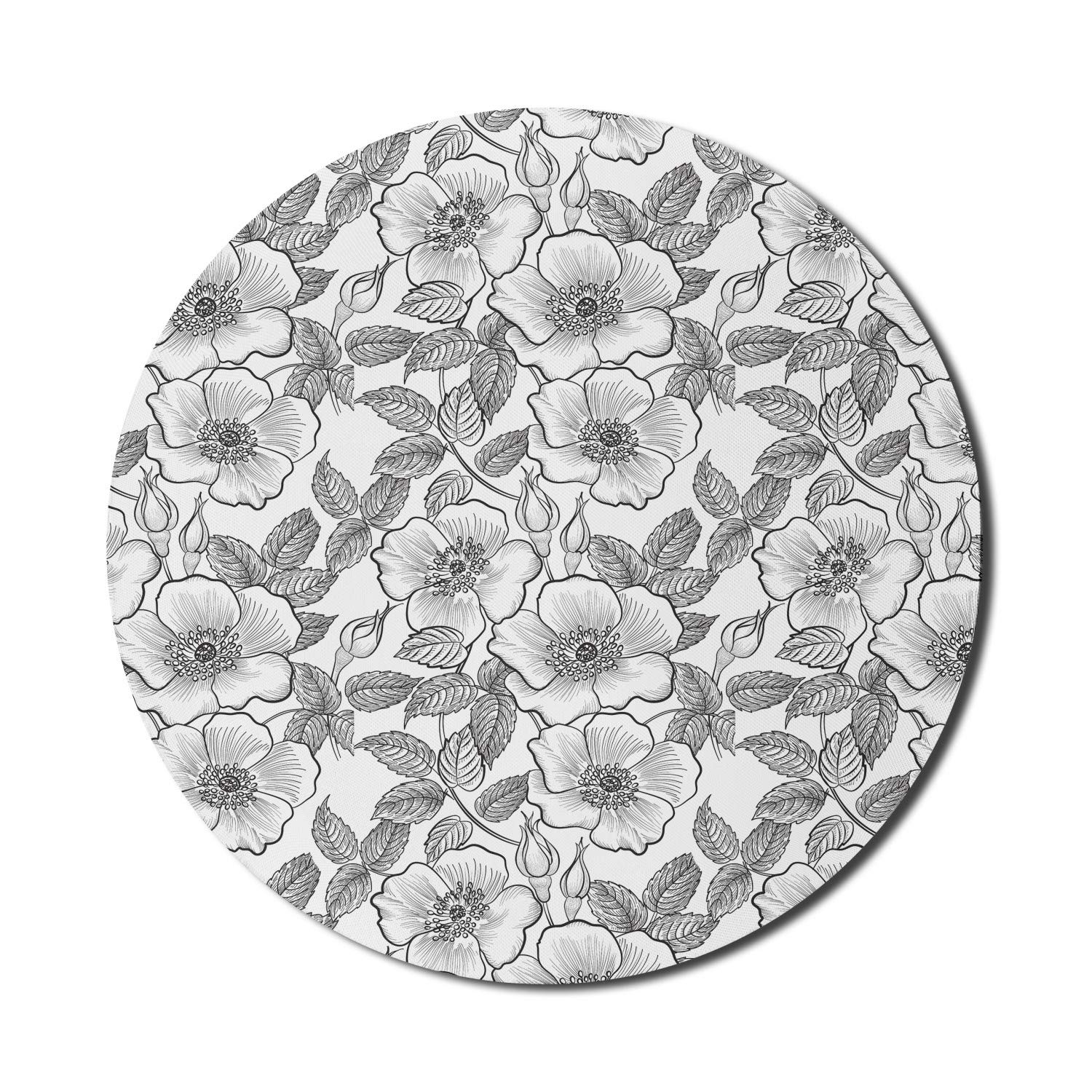 Ambesonne Round Non-Slip Rubber Mouse Pad - 8 Inch Gaming Mousepad with Vintage Floral Design in Charcoal Grey & White - Perfect for Office, Home & PC Gaming Setup