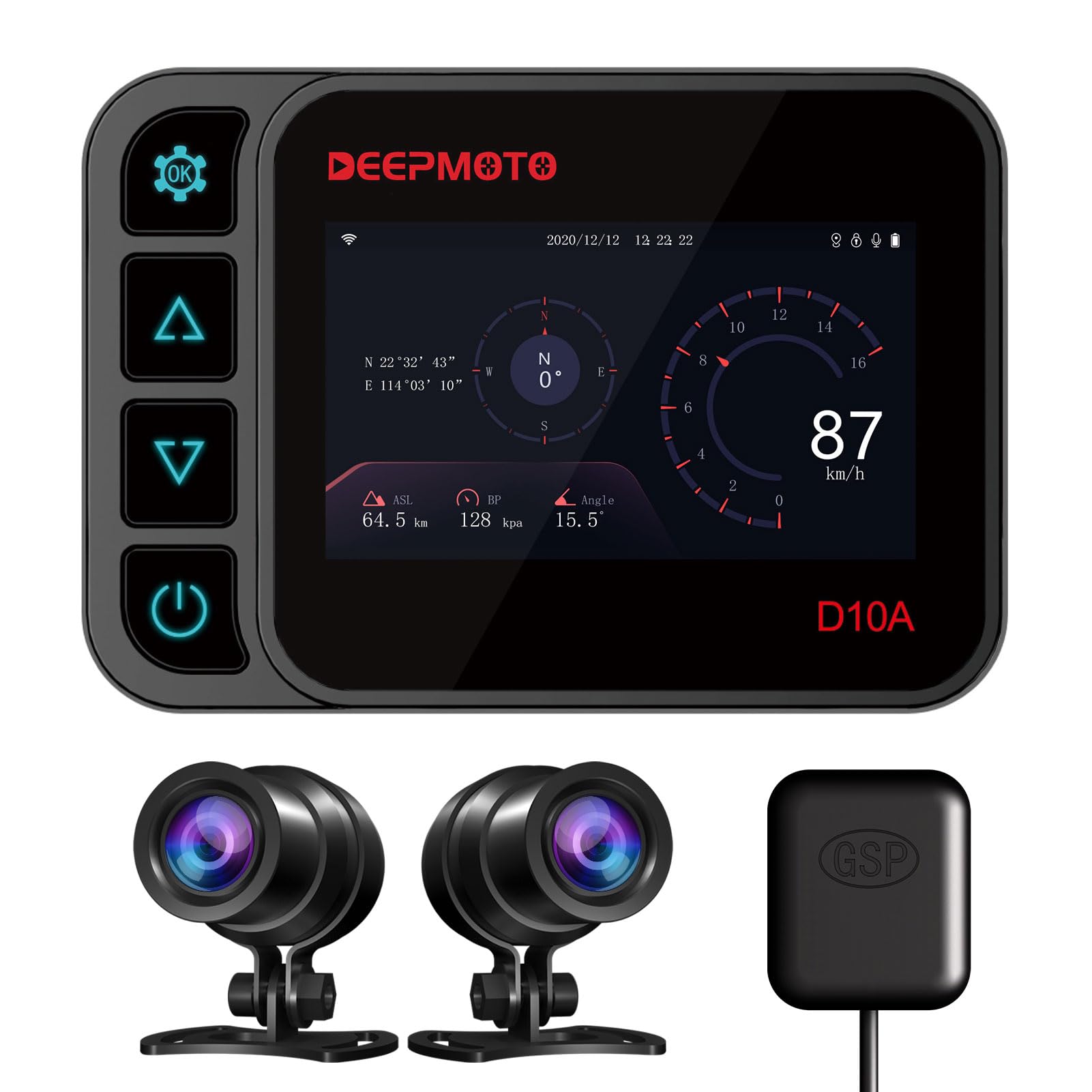 DeepMoto D10A 1080P Dual HD Motorcycle Dash Cam - Waterproof Riding Camera with 3