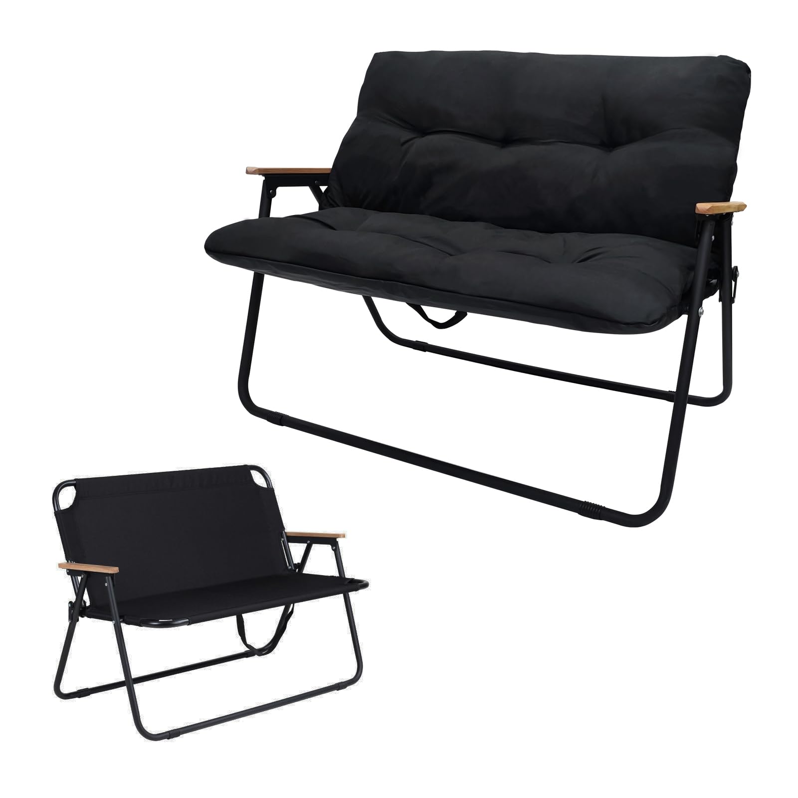 Folding Double Camping Chair with Detachable Cushion & Armrests - Portable Loveseat for Outdoor Activities, Fishing, Travel, Picnics, Beach, Patio & Backyard (Black) - Perfect for Couples & Family Relaxation