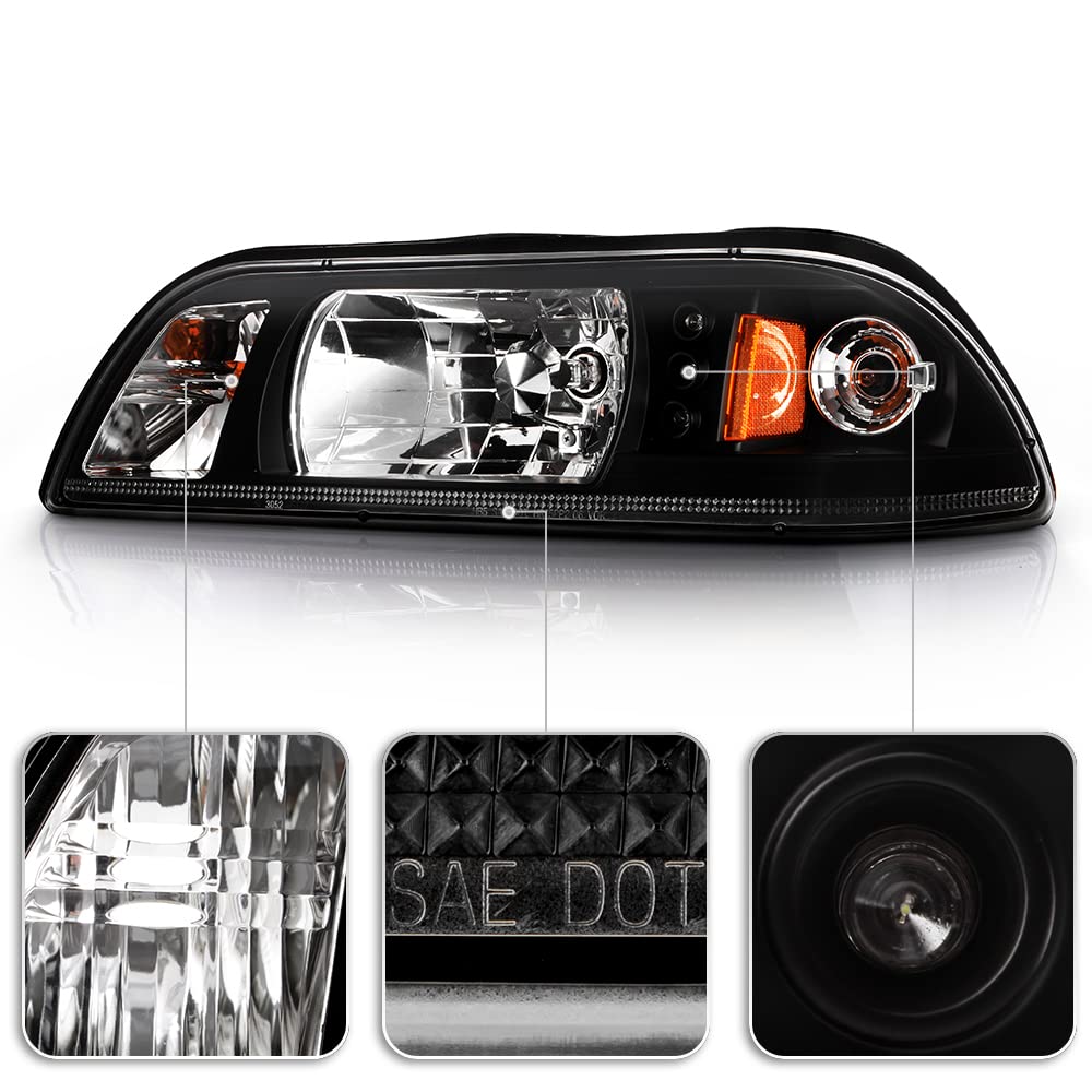 ACANII Black Housing LED Strip Headlights with Corner Signal & Parking Lamp for 1987-1993 Ford Mustang - Left & Right Pair - Upgrade Your Ride for Night Driving & Show Car Style