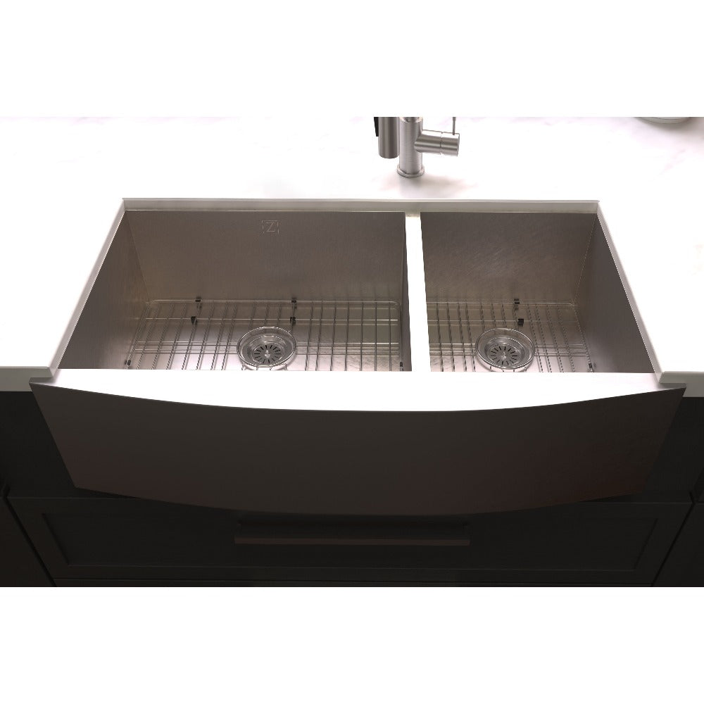 ZLINE 36-inch Farmhouse Apron Front Double Bowl Stainless Steel Kitchen Sink with Bottom Grid - SA60D 36S - Durable & Stylish for Modern Kitchens, Perfect for Cooking, Washing Dishes & Food Prep