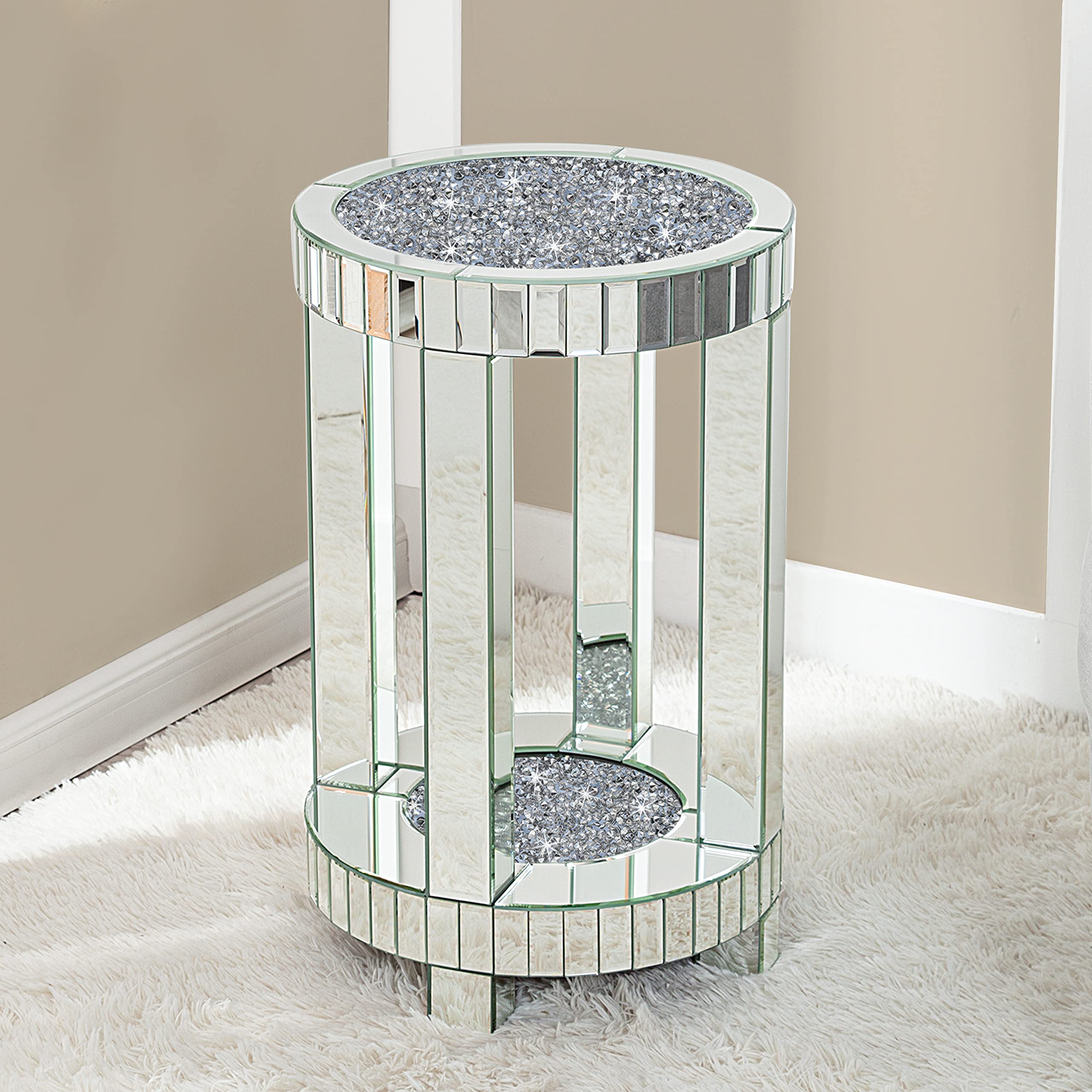 SHYFOY Round Side Table with Mirrored Top & Crystal Inlay - 2-Tier Modern End Table with Storage Shelf - Silver Accent Table for Living Room, Bedroom, Coffee Table - Perfect for Small Spaces & Apartment Decor