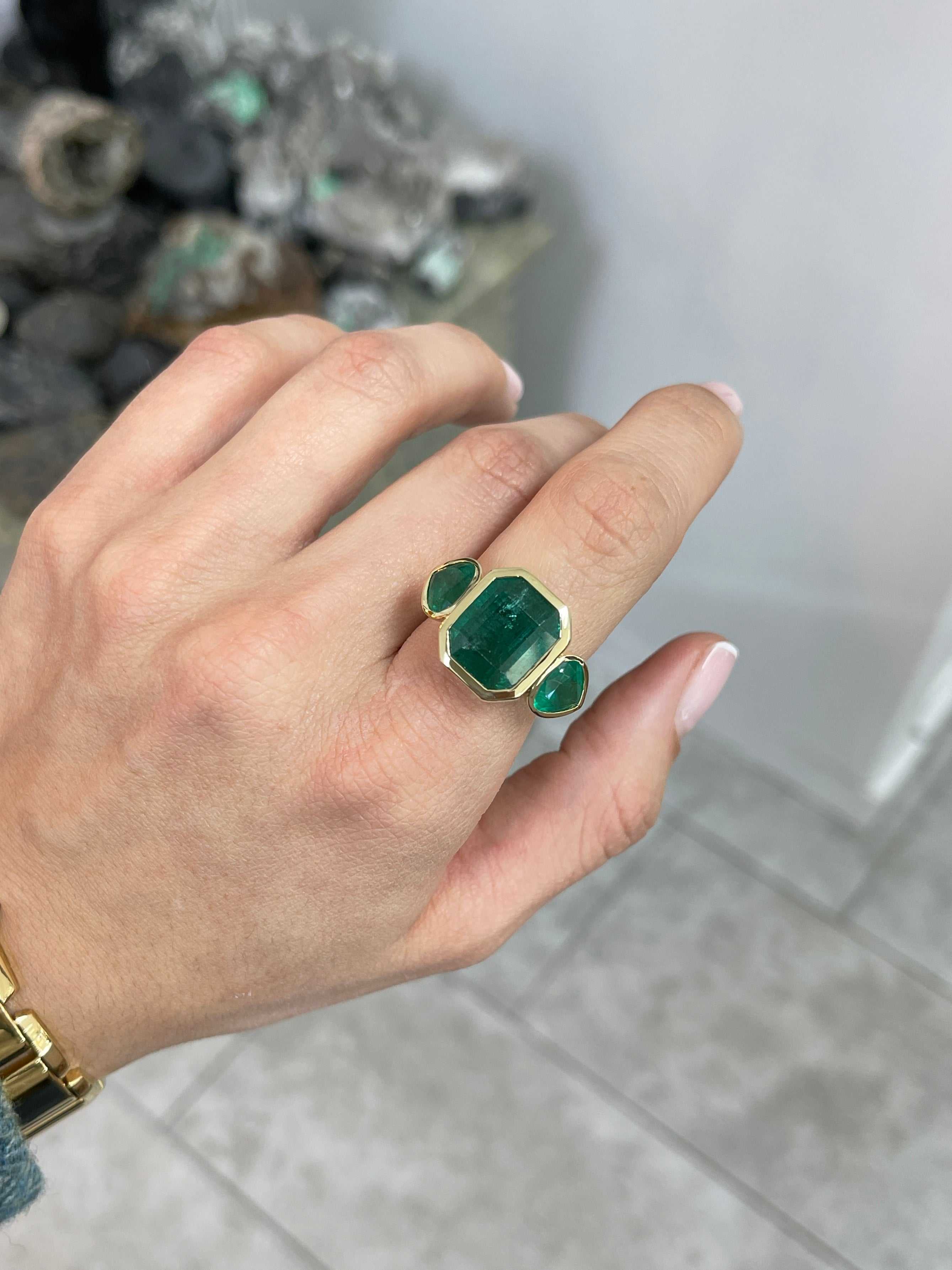 15.44tcw Three Stone Emerald Ring - 11.32 Carat Zambian Emerald with Pear Cut Accents in 18K Gold | Elegant Jewelry for Weddings, Anniversaries & Special Occasions