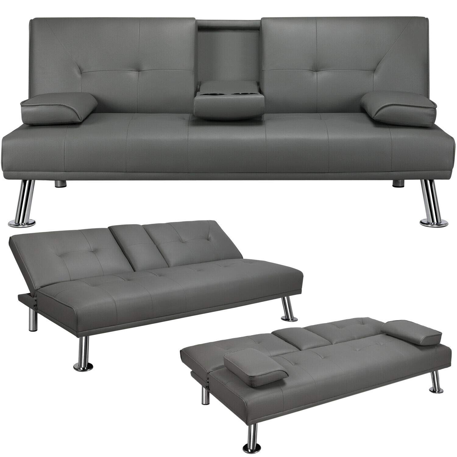 Modern Convertible Sofa Bed Sleeper - Faux Leather Futon Couch with 2 Cup Holders & Gray Armrest - Space Saving Living Room Furniture for Small Apartments, Guest Rooms and Home Offices