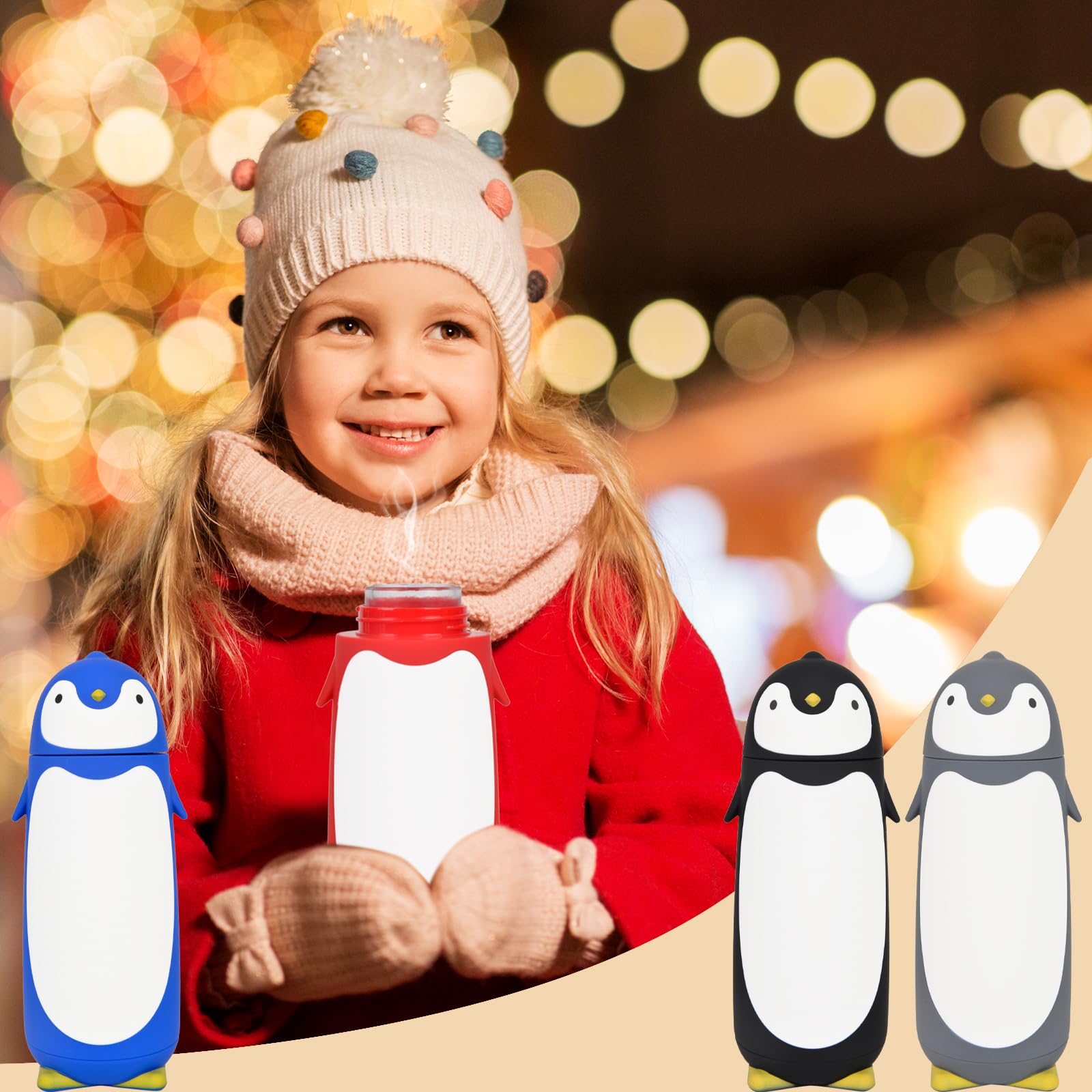 **Penguin Glass Water Tumbler - Insulated Double Wall Stainless Steel Travel Mug for Kids & Students, 9.6oz, Red - Perfect for School, Office, Gym & Outdoor Activities**