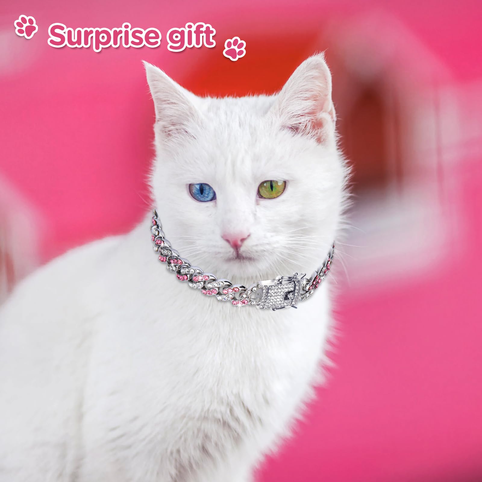9 Inch Glitter Dog Collar - Pink & Silver Diamond Pet Collar with Buckle, Metal Link Chain for Small Dogs & Cats | Christmas Pet Jewelry Accessories | Perfect for Holiday Parties, Pet Fashion Shows & Special Occasions