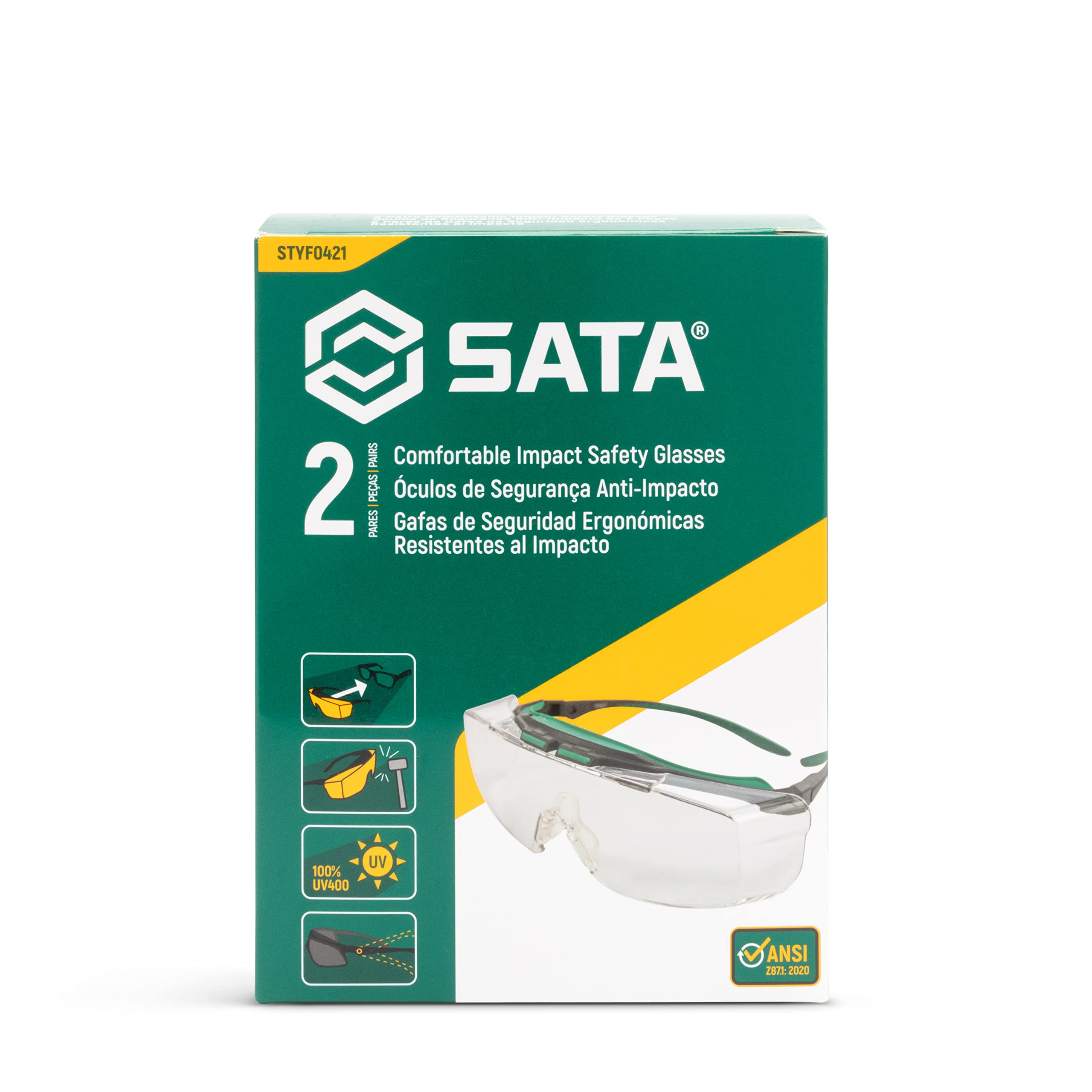 2 Pairs SATA Comfortable Impact Safety Glasses - 100% UV400 Protection, Anti-Fog & Anti-Scratch Coating, Z87.1:2020 Certified, Fits Over Prescription Eyewear (STYF0421) - Ideal for Construction, Woodworking & Outdoor Activities