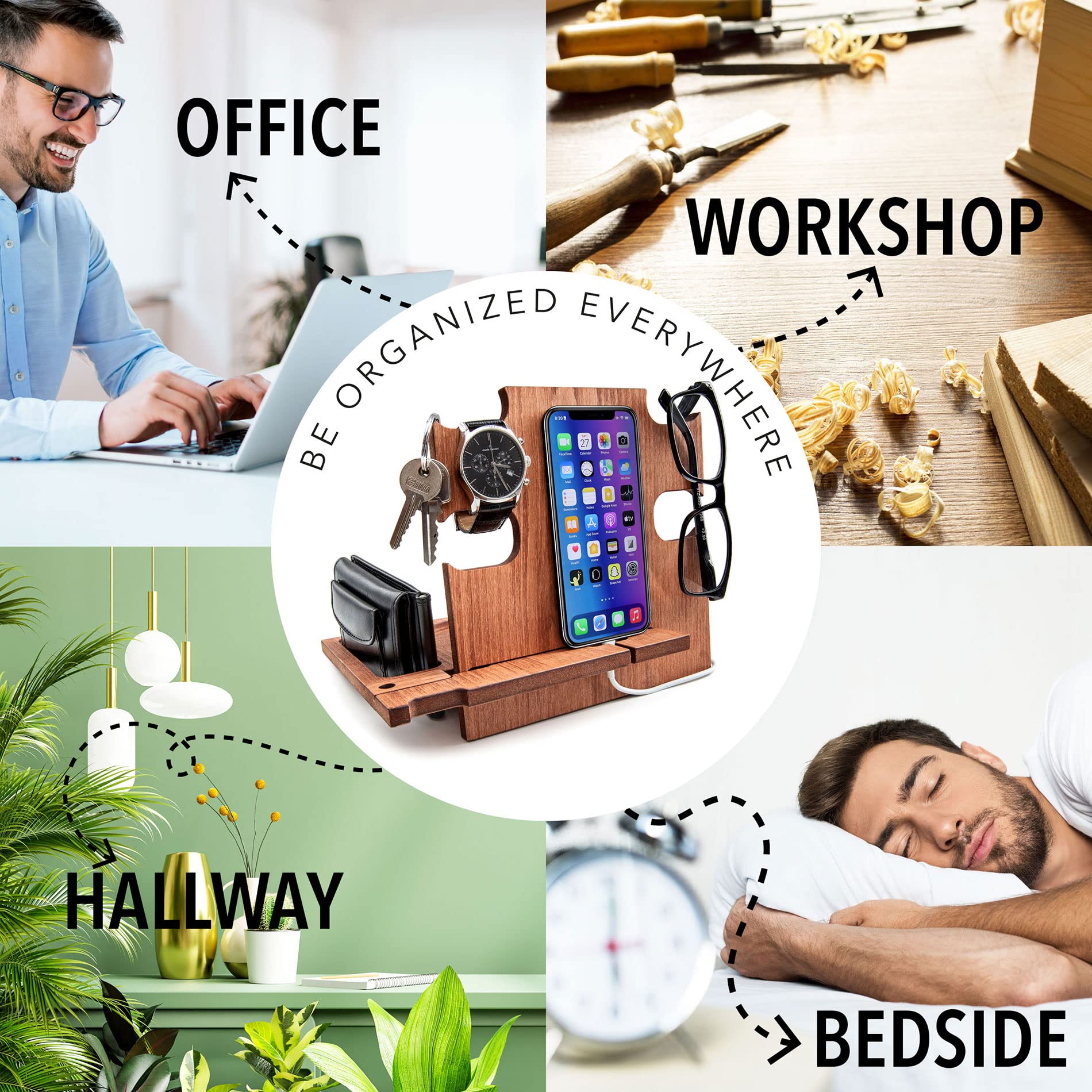 Premium Walnut Phone Docking Station & Night Stand - Wireless Charging Organizer for iPhone, Samsung, AirPods | Perfect for Bedside, Office & Home Decor