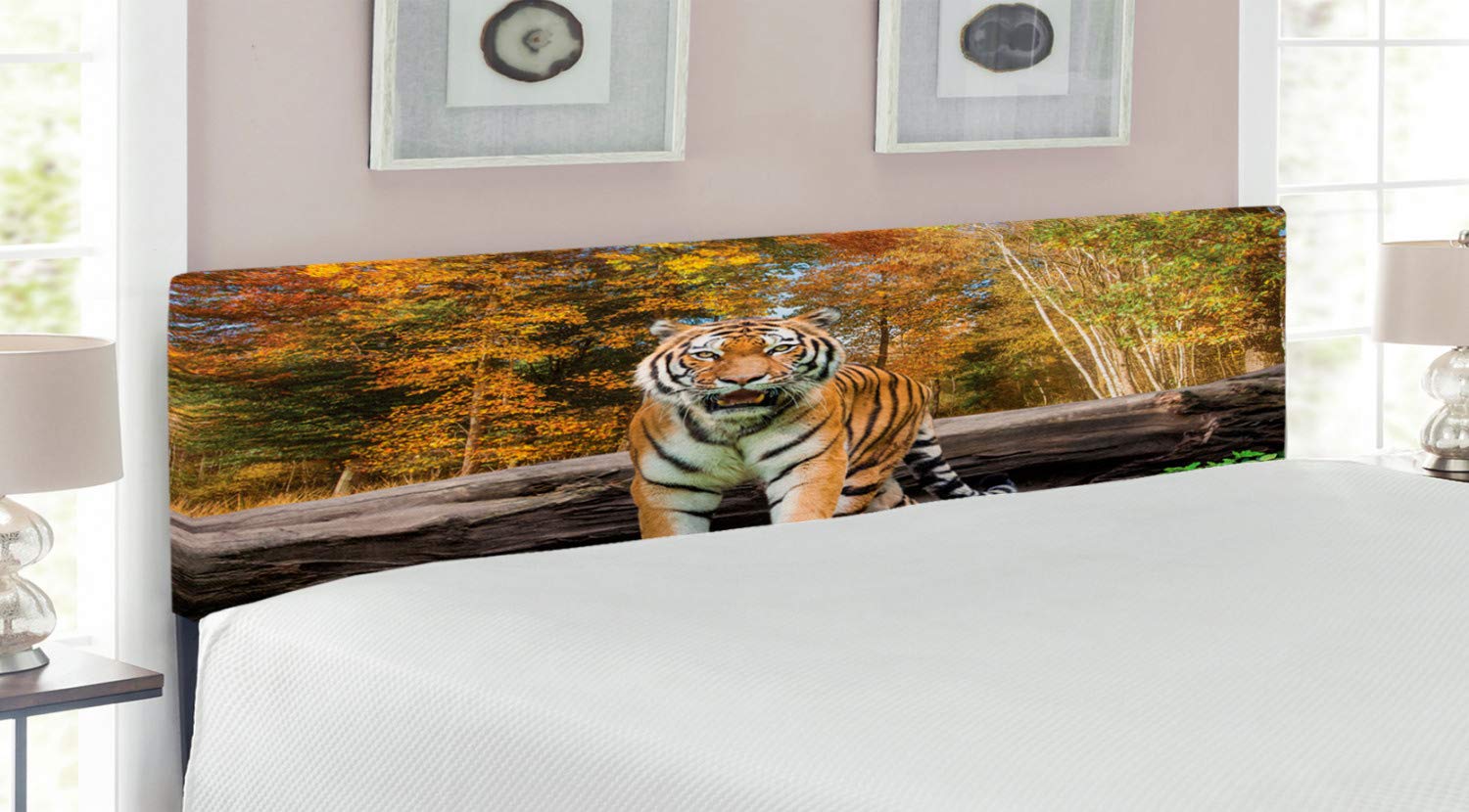 Ambesonne Savannah King Size Upholstered Headboard - Tiger in Forest Wildlife Habitat Design with Memory Foam, Brown Orange Decorative Metal Bed Frame | Perfect for Jungle-Themed Bedrooms & Safari Nursery Decor