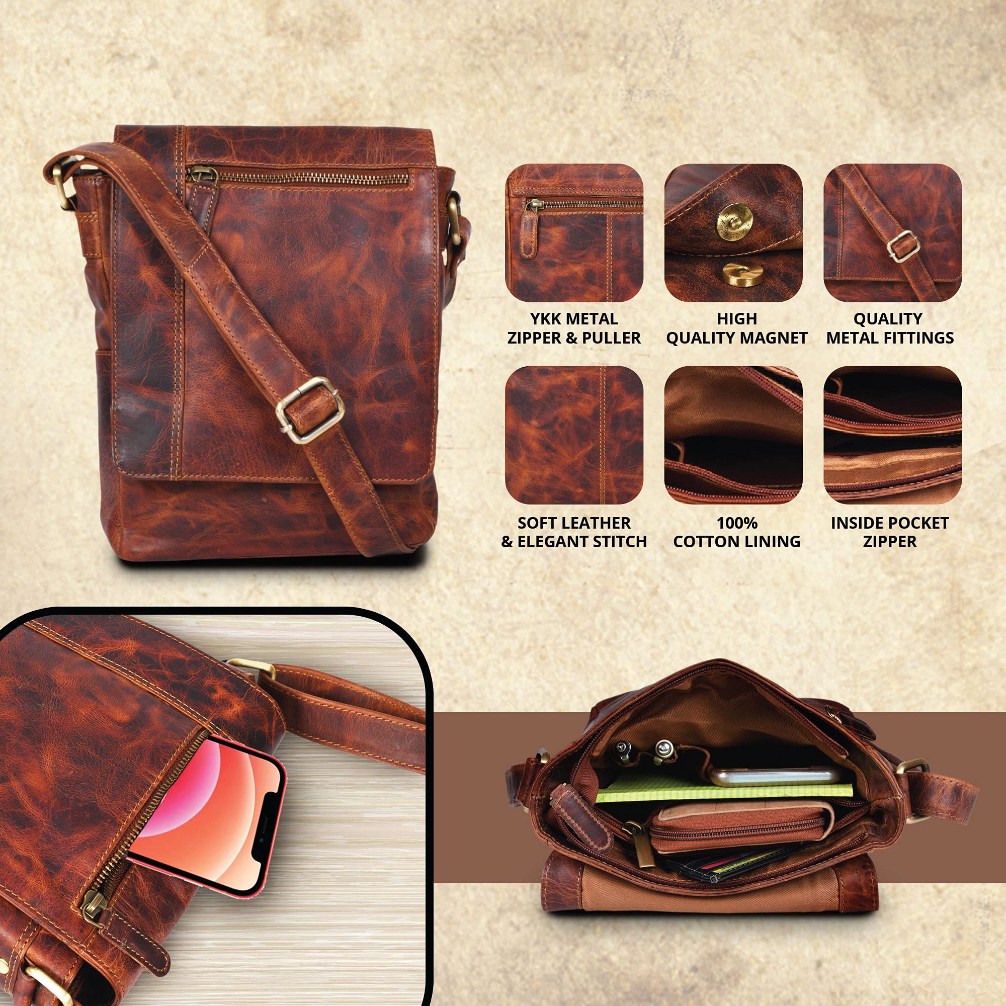VALENCHI Genuine Leather Crossbody Messenger Bag for Men & Women - Medium Size Unisex Shoulder Bag - Durable Travel Purse for Work, Commuting & Daily Use