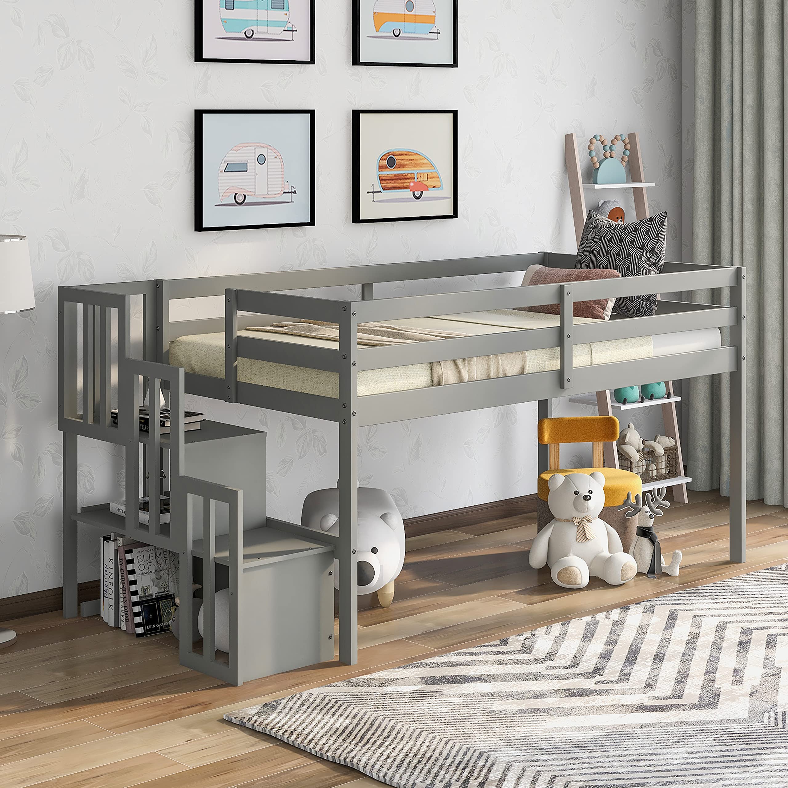 LoLado Twin Loft Bed with Stairs - Solid Wood Bunk Bed with Storage Shelf for Kids, Boys & Girls - Space-Saving Children's Bedroom Furniture (Grey) - Perfect for Small Rooms, Dorms & Shared Kids' Bedrooms