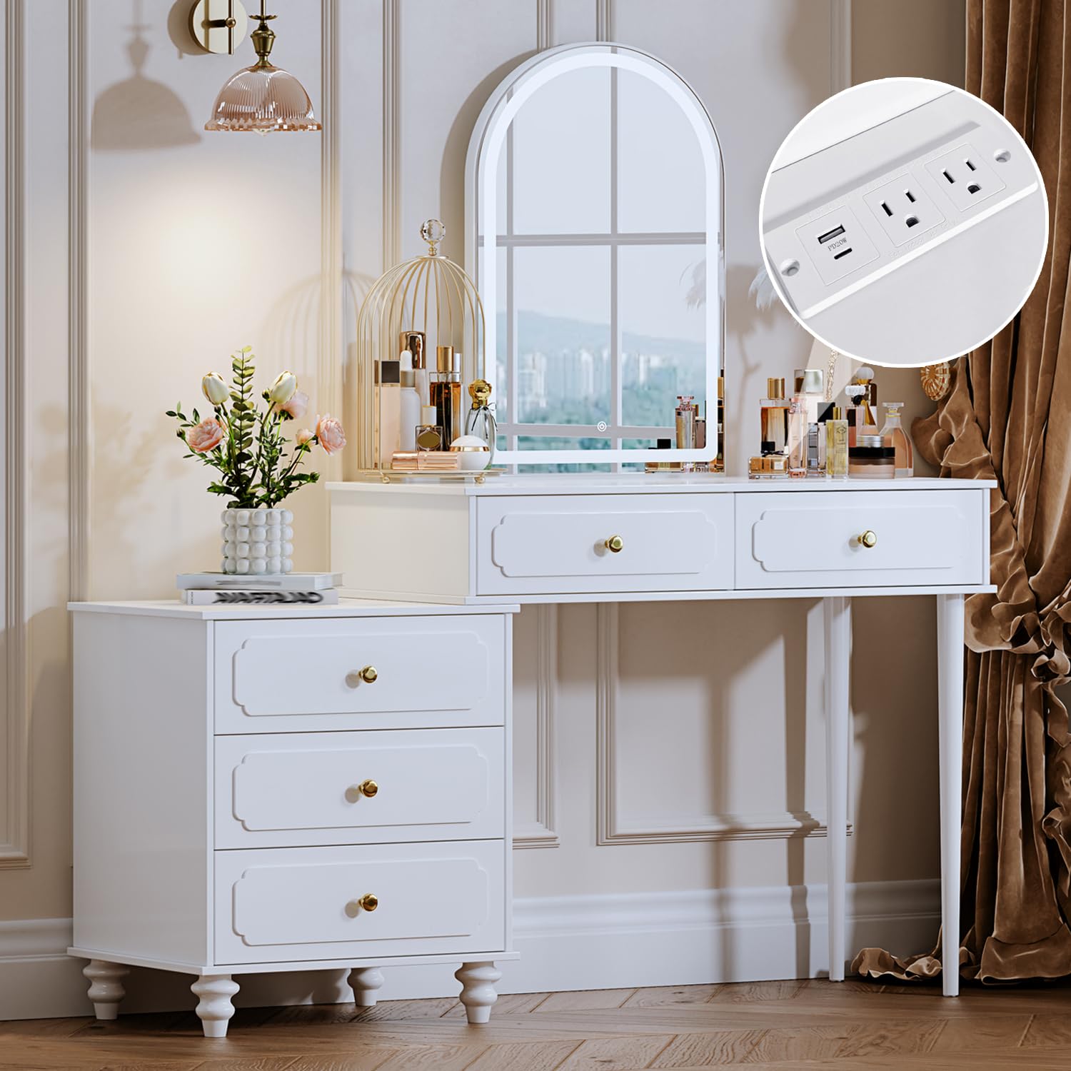 YYJ Vanity Desk with Mirror & LED Lights, Modern Makeup Table with Power Outlet, Adjustable Storage Cabinet & 3 Drawers - White Writing Desk for Bedroom, Dressing Room or Home Office