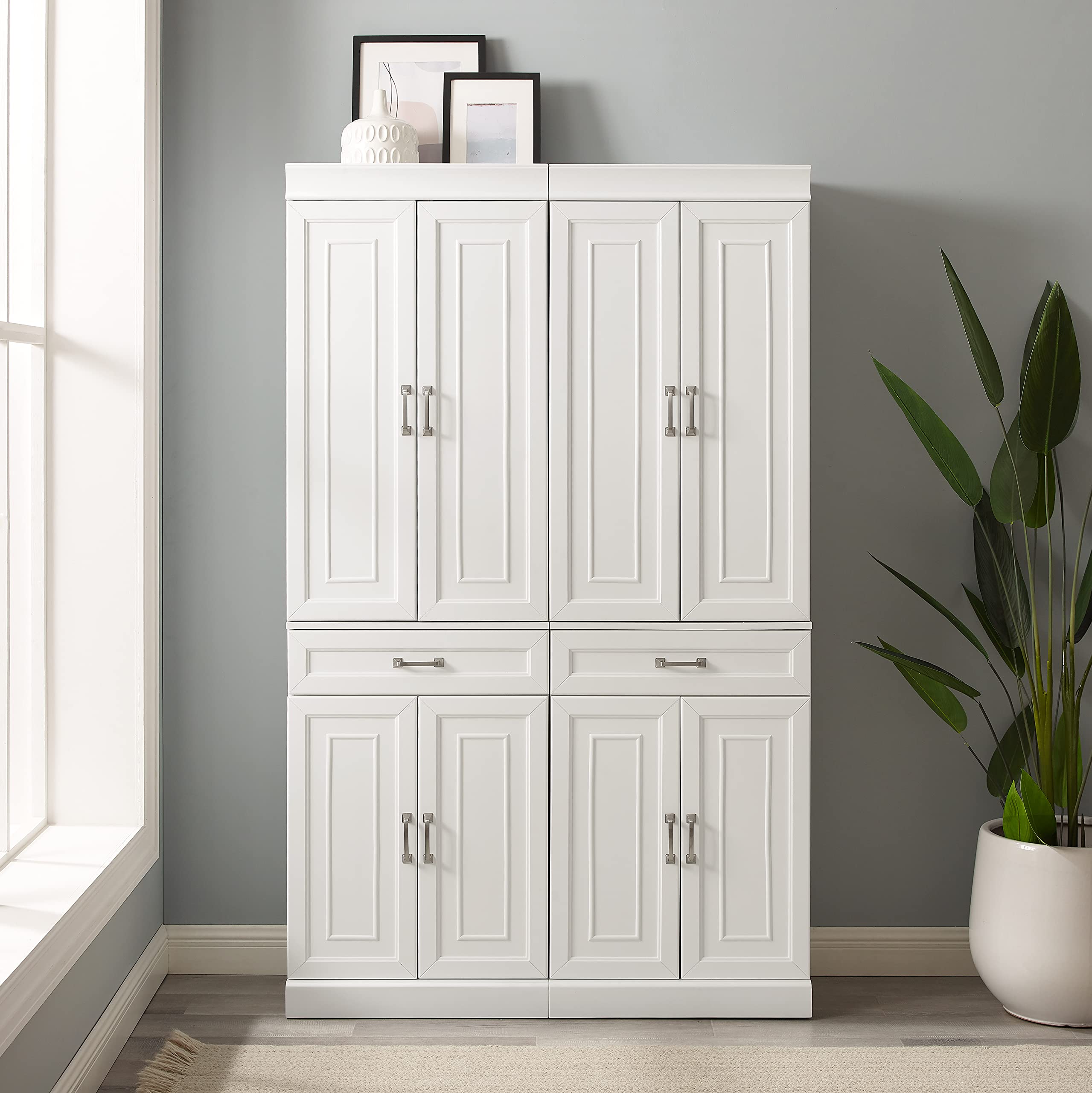 Crosley Stanton 2-Piece White Pantry Storage Cabinet Set with Adjustable Shelves - Kitchen, Dining & Laundry Room Organizer for Spices, Linens & Cleaning Supplies