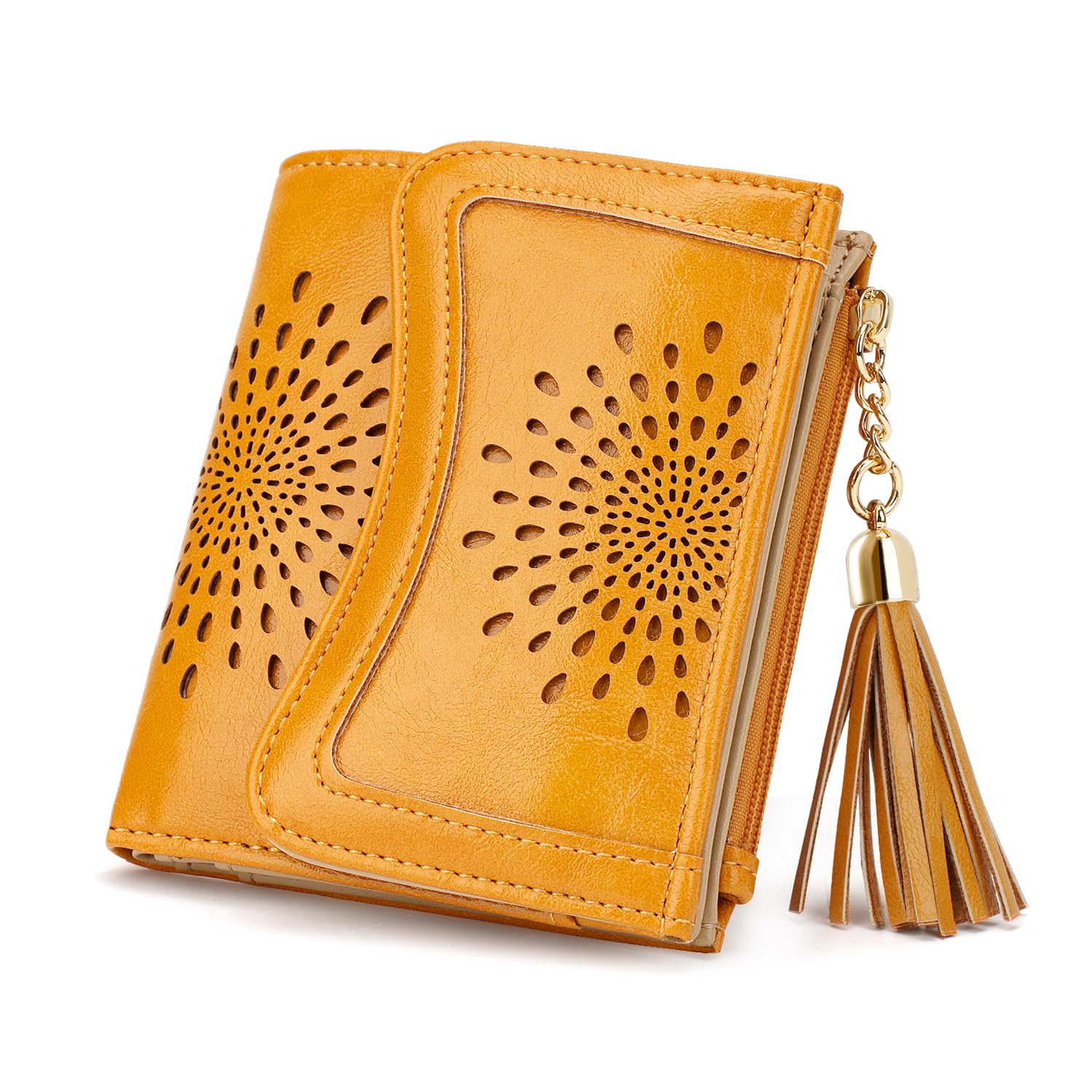 APHISON Small RFID Blocking Leather Wallet for Women - Cute Sunflower Bifold Wallet with Zipper, Tassel & ID Card Holder - Compact Yellow Coin Purse (Perfect for Everyday Use, Travel & Gift Giving)