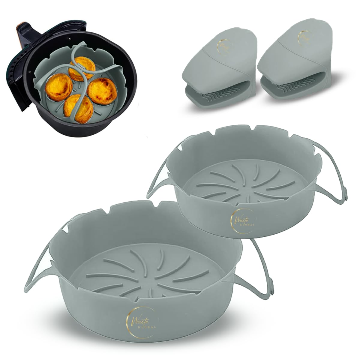 **Reusable Silicone Air Fryer Liners (2 Pack, 7-8.6 Inches) & 2 Heat-Resistant Mitts – Non-Stick, Easy Clean, Odor-Free for 2.6-5QT & Large Air Fryers – Perfect for Healthy Cooking & Meal Prep**