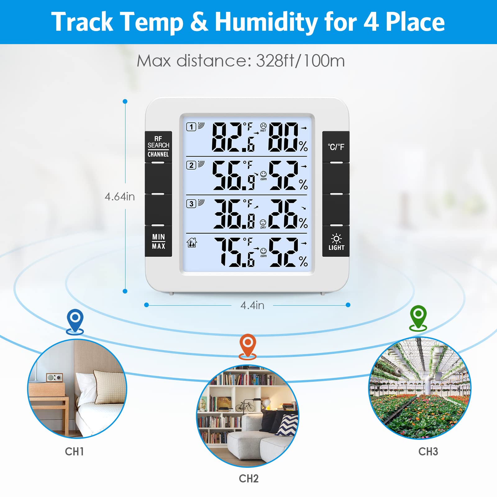 AMIR Upgraded Digital Hygrometer Thermometer with 3 Wireless Sensors - Indoor/Outdoor Temperature & Humidity Monitor with LCD Backlight, 4.6'' Large Display - Perfect for Home, Greenhouse, Baby Room & Weather Monitoring