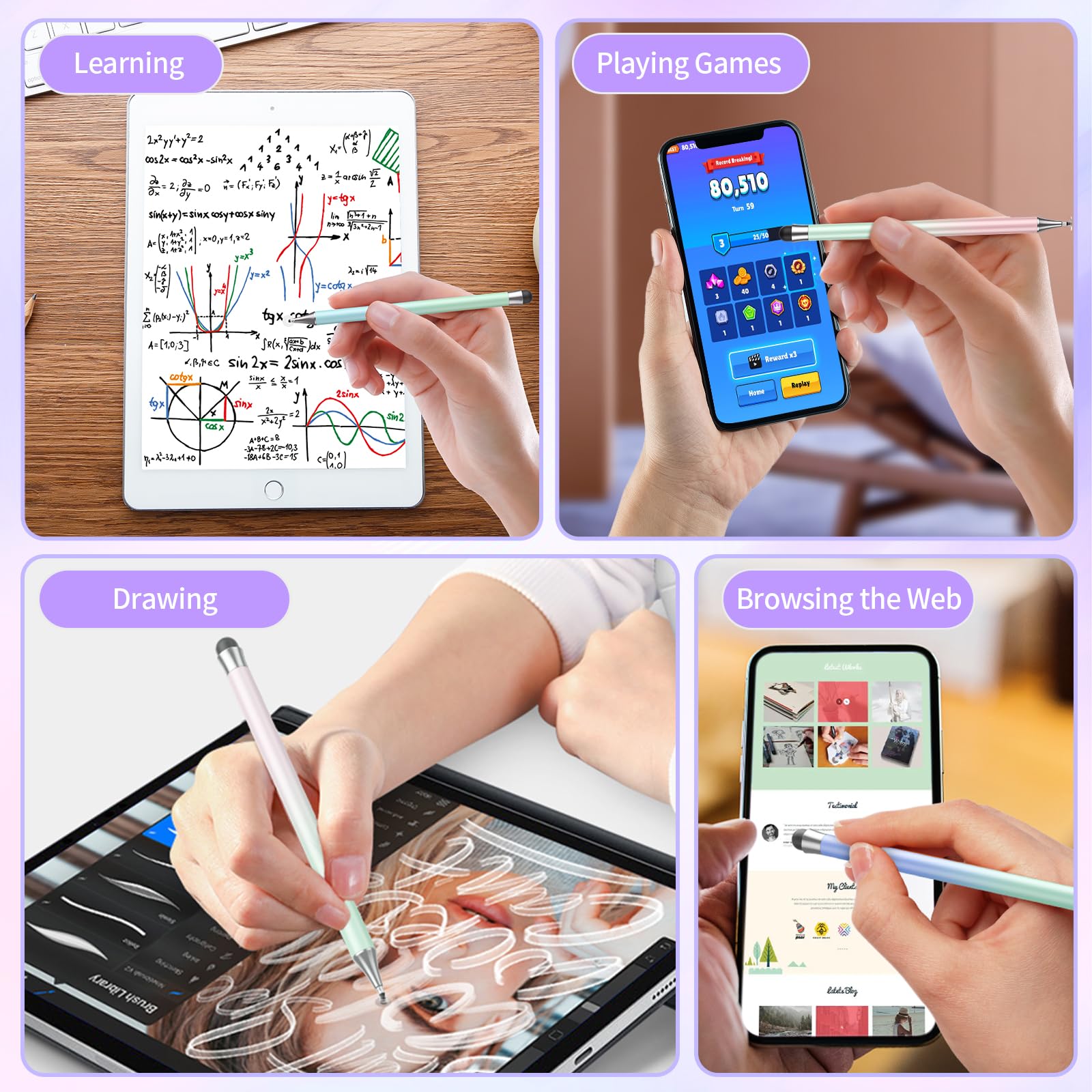 4-Pack Stylus Pens for iPad, iPhone & Android Tablets - 2-in-1 Disc & Fiber Tip Touch Screen Pen | Compatible with Apple Pencil & All Capacitive Screens | Perfect for Drawing, Note-Taking & Digital Signatures