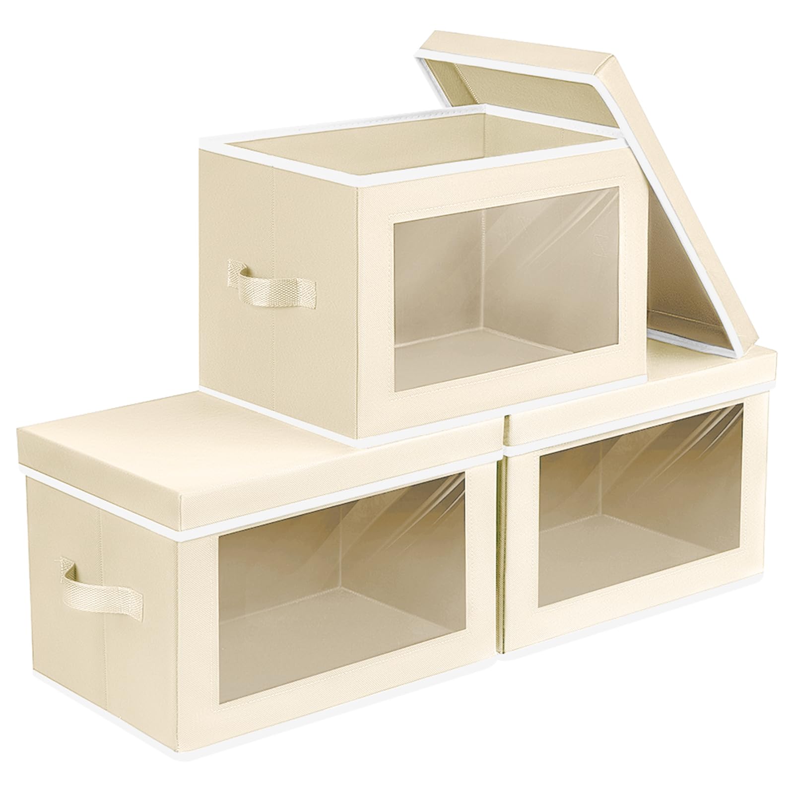Fabric Storage Bins with Lids - 3 Pack Beige Organizers for Home & Office Closet